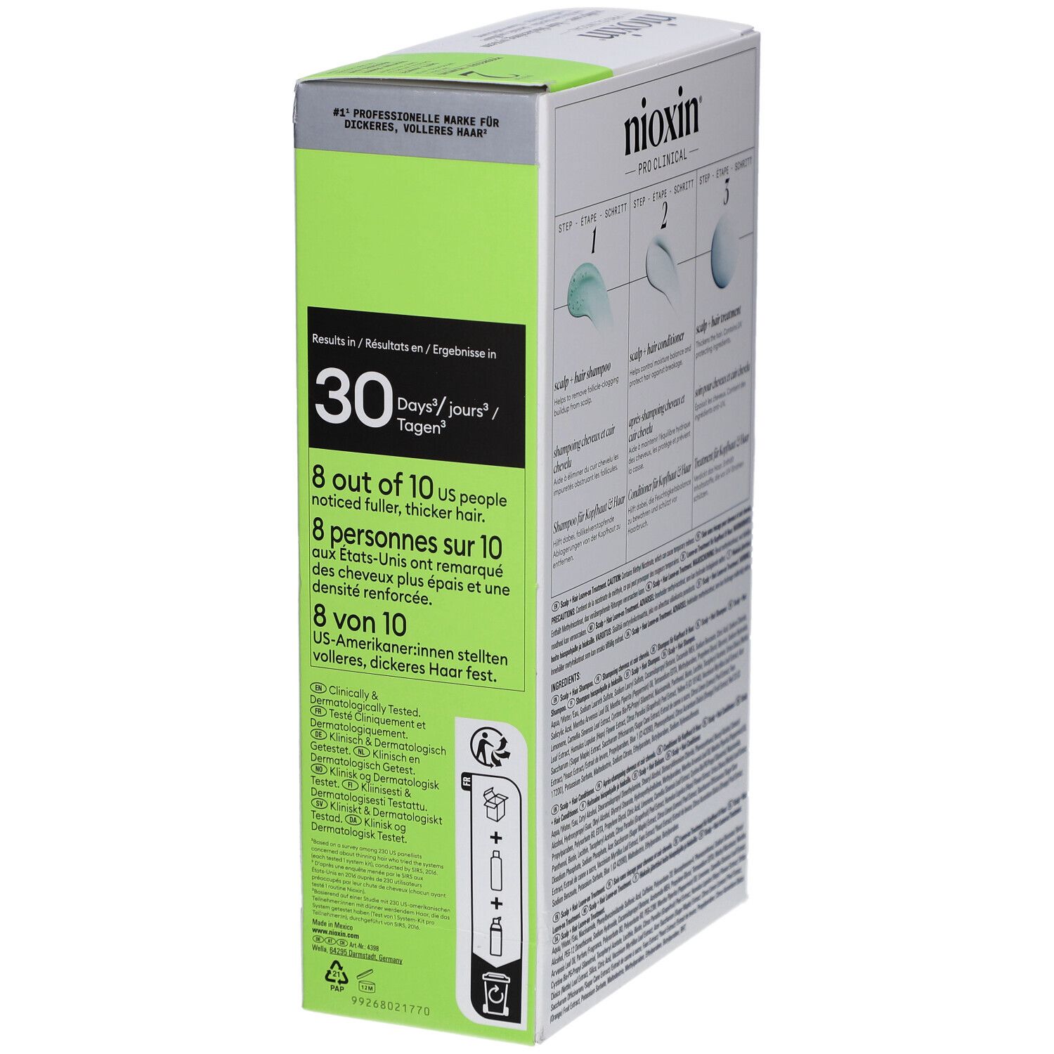Nioxin System 2 Box, Seite. Enthält Informationen zu Ergebnissen. Grün-weiße Verpackung mit Produktnamen und Angaben.