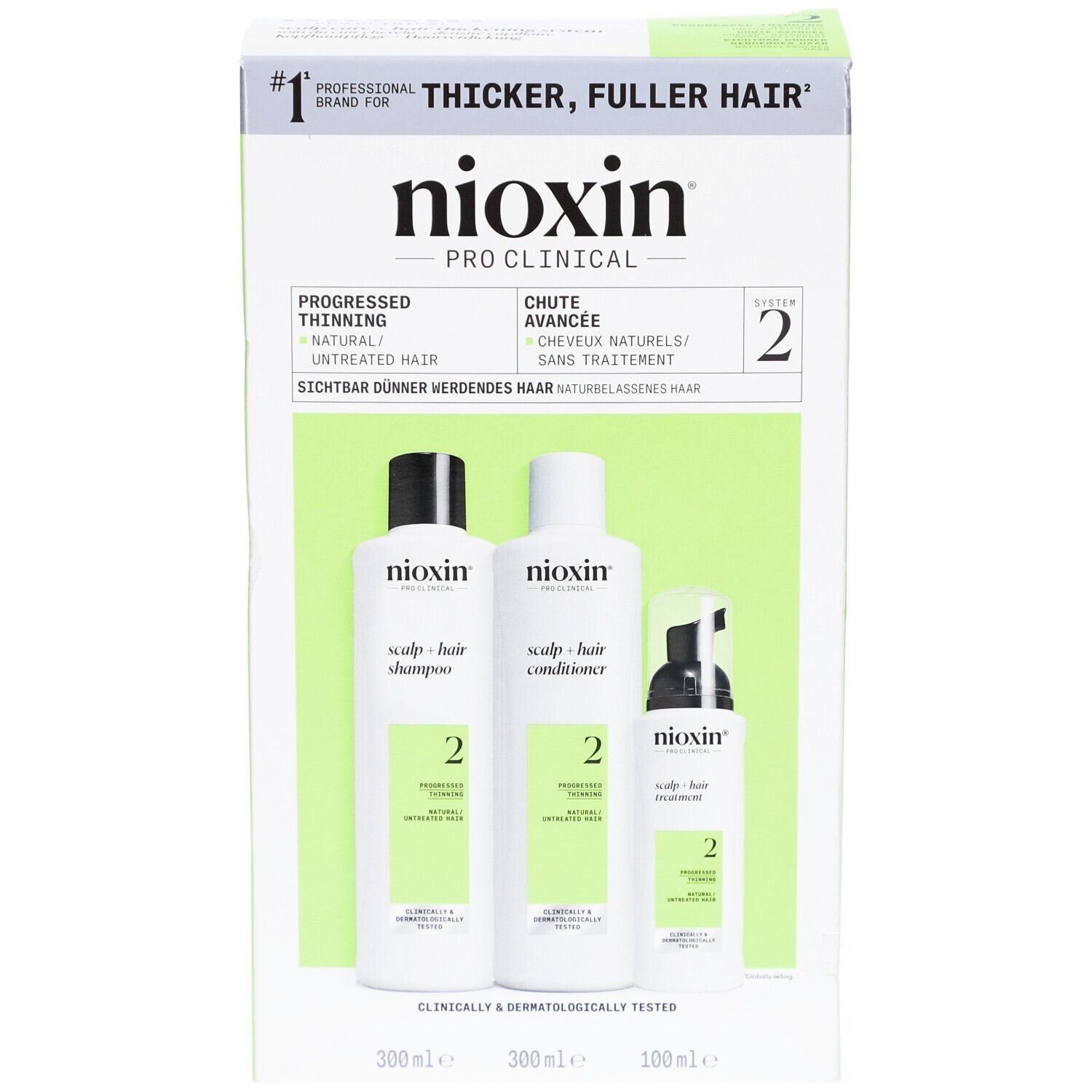 Nioxin System 2 Coffret. Enthält Shampoo, Conditioner und Treatment. Grün-weiße Verpackung mit Produktnamen und Angaben.