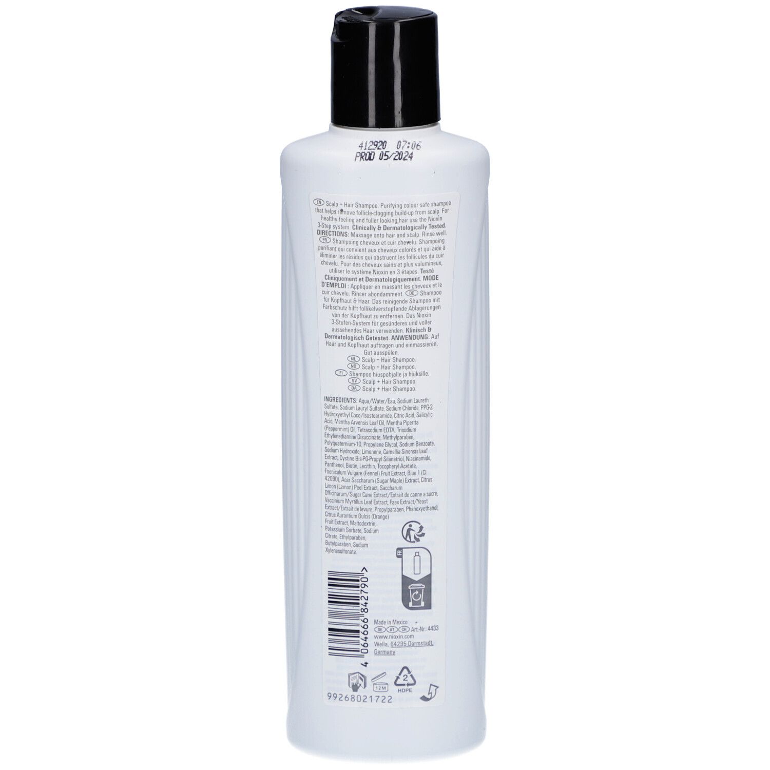 Rückseite der weißen Flasche mit schwarzem Deckel. Text in mehreren Sprachen. Barcode und Recycling-Symbole.