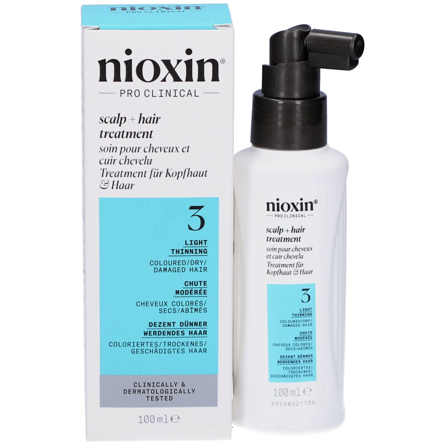 Produkt und Verpackung. Weiße Schachtel und Flasche. Aufschrift: Nioxin, Scalp + Hair Treatment, 3. 100ml.