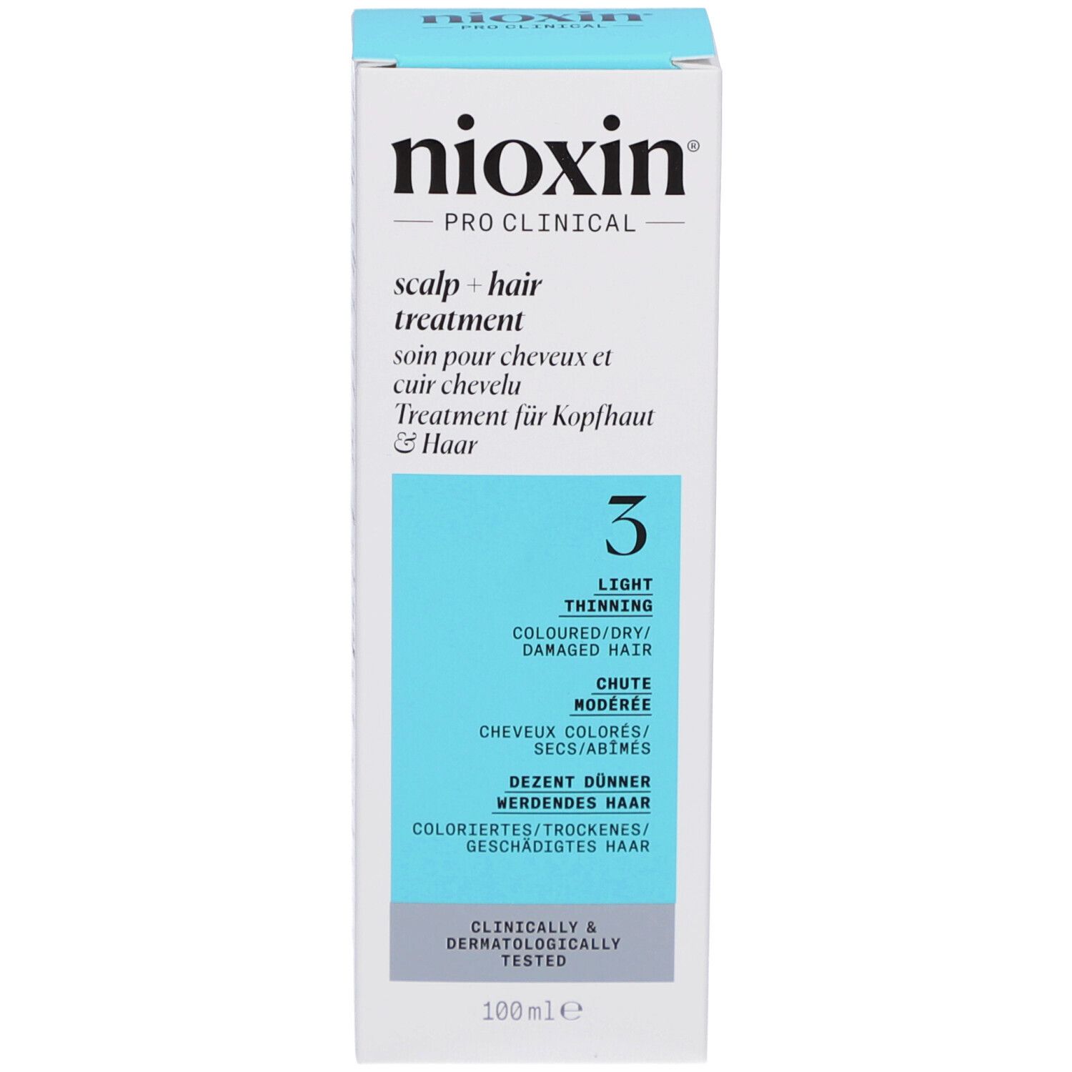 Weiße Schachtel mit blauer Akzentfarbe. Aufschrift: Nioxin, Scalp + Hair Treatment, 3. 100ml.