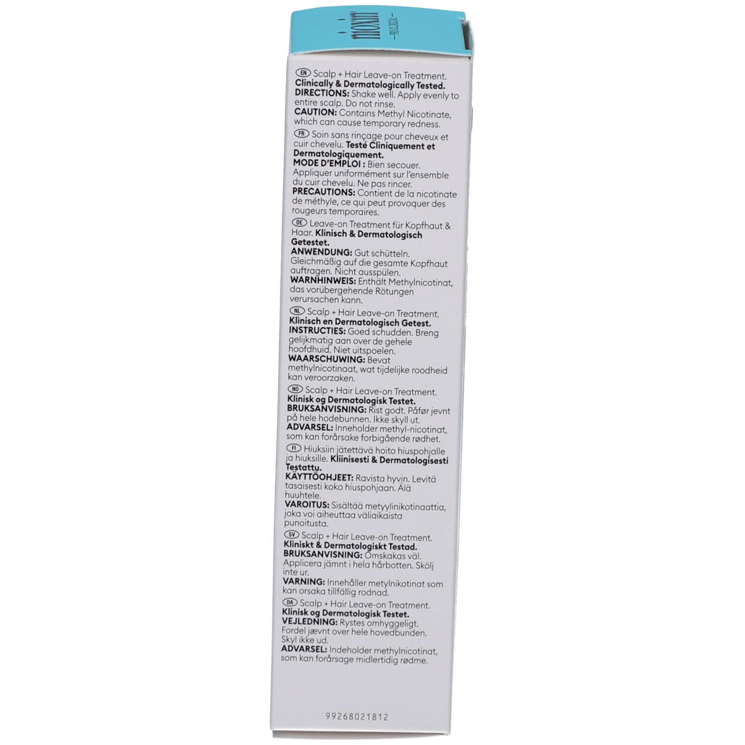 Rückseite der weißen Schachtel. Text in mehreren Sprachen. Klinisch & dermatologisch getestet.