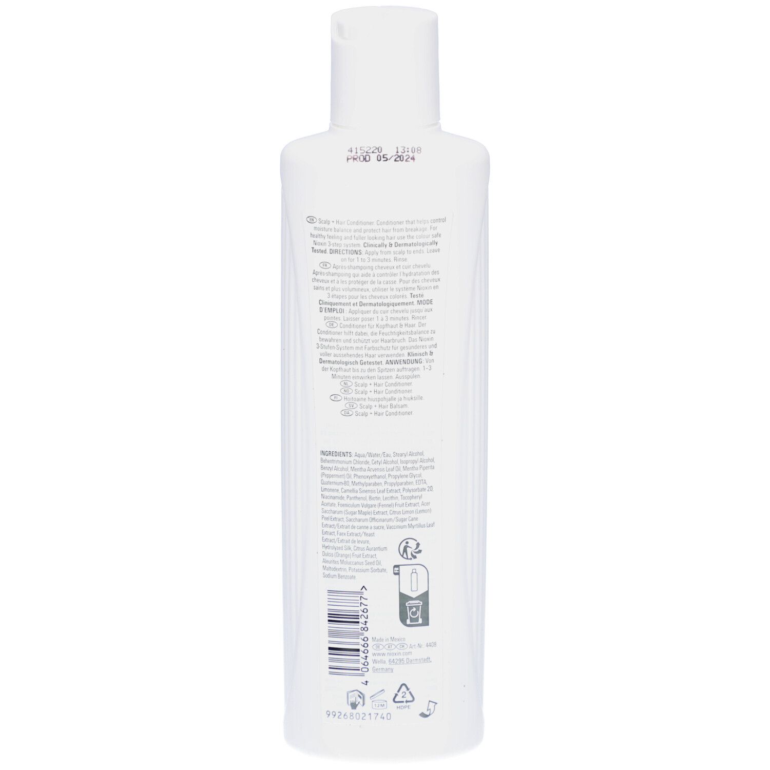 Rückseite einer weißen Flasche Nioxin System 3 Après-shampooing. Text mit Inhaltsstoffen und Anweisungen. Recycling-Symbol.