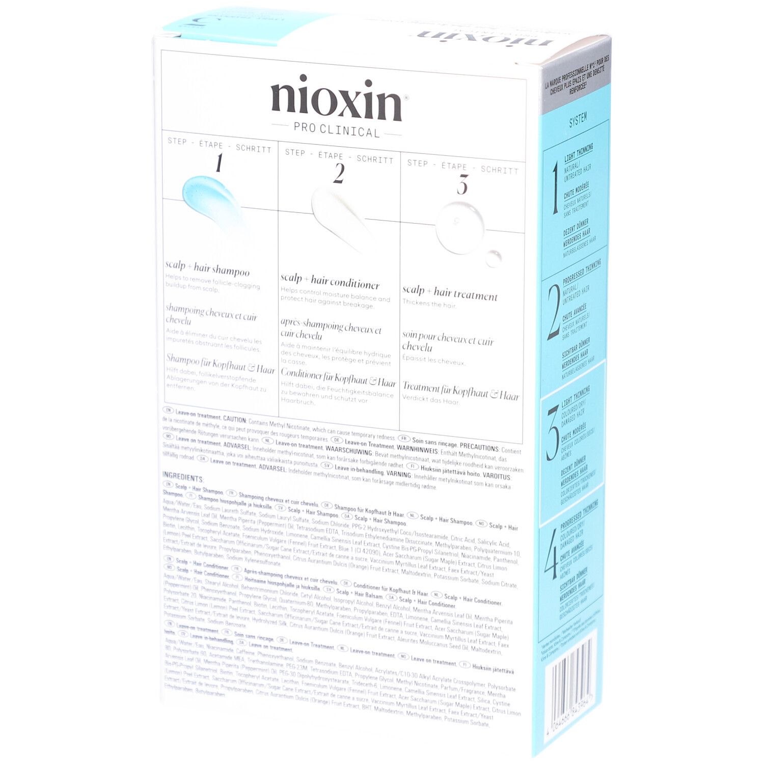 Rückseite der Nioxin System 3 Verpackung. Enthält Anweisungen und Inhaltsstoffe für die Produkte.