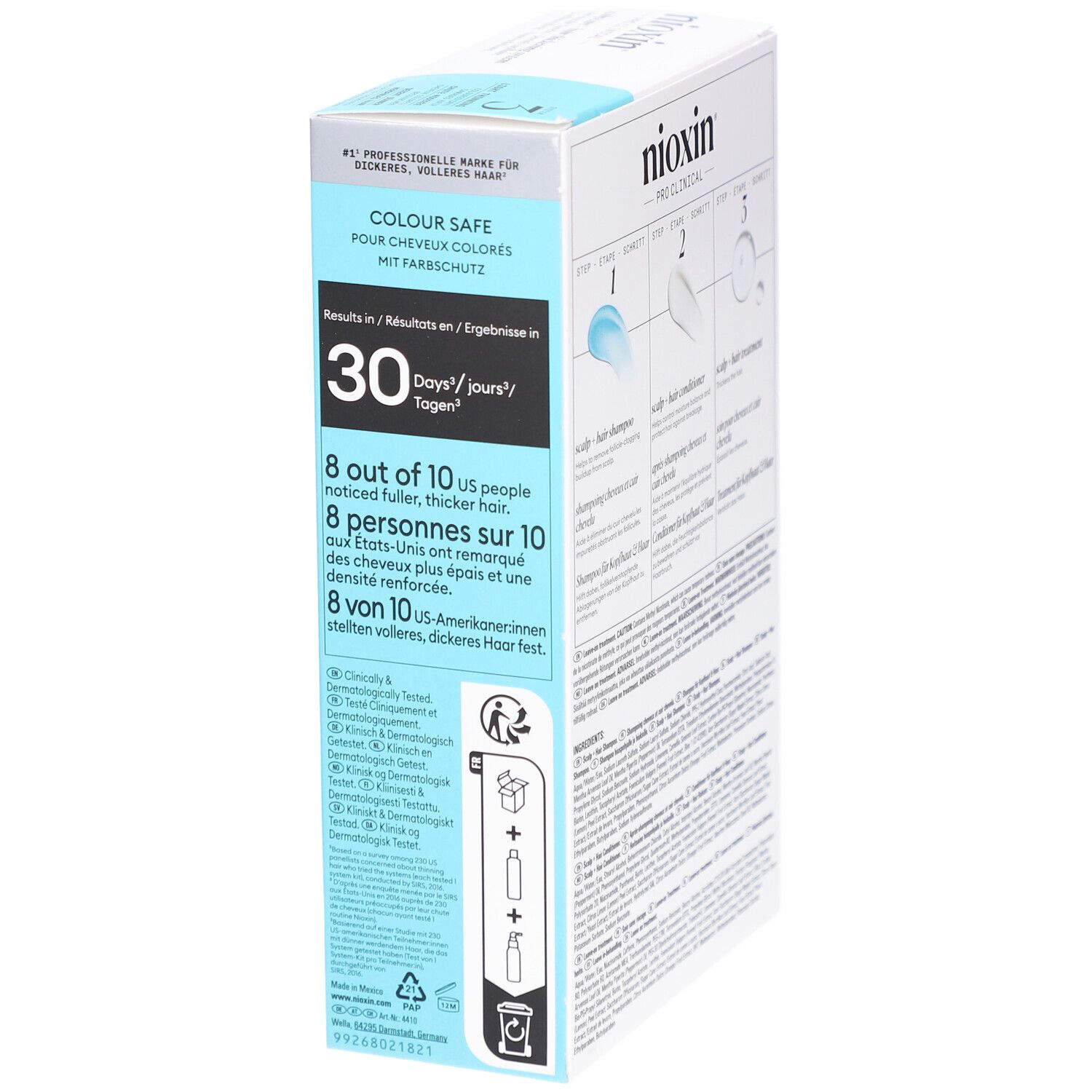 Seite der Nioxin System 3 Verpackung. Enthält Informationen zur Wirksamkeit und Zertifizierungen.