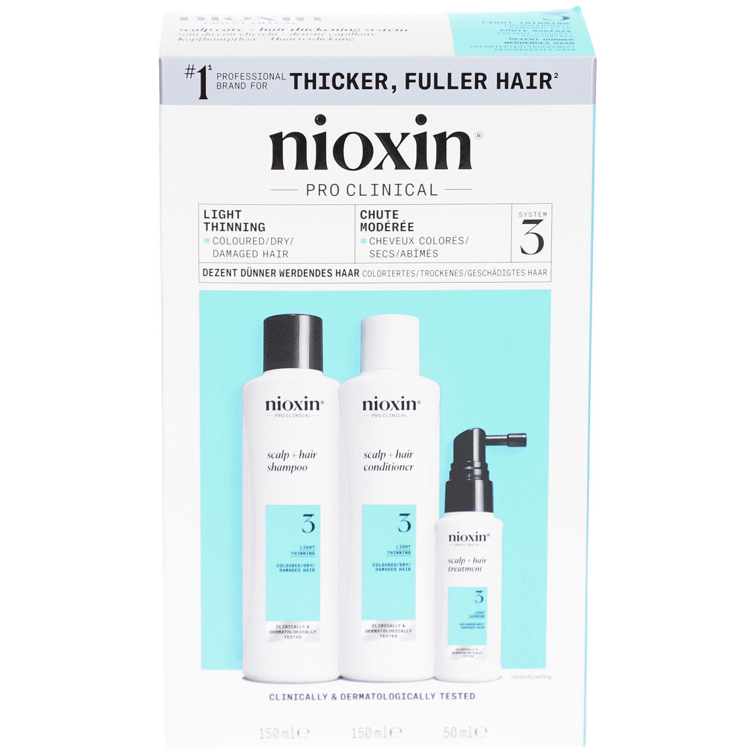 Nioxin System 3 Kit. Enthält Shampoo, Conditioner und Treatment. Für coloriertes, leicht dünner werdendes Haar.