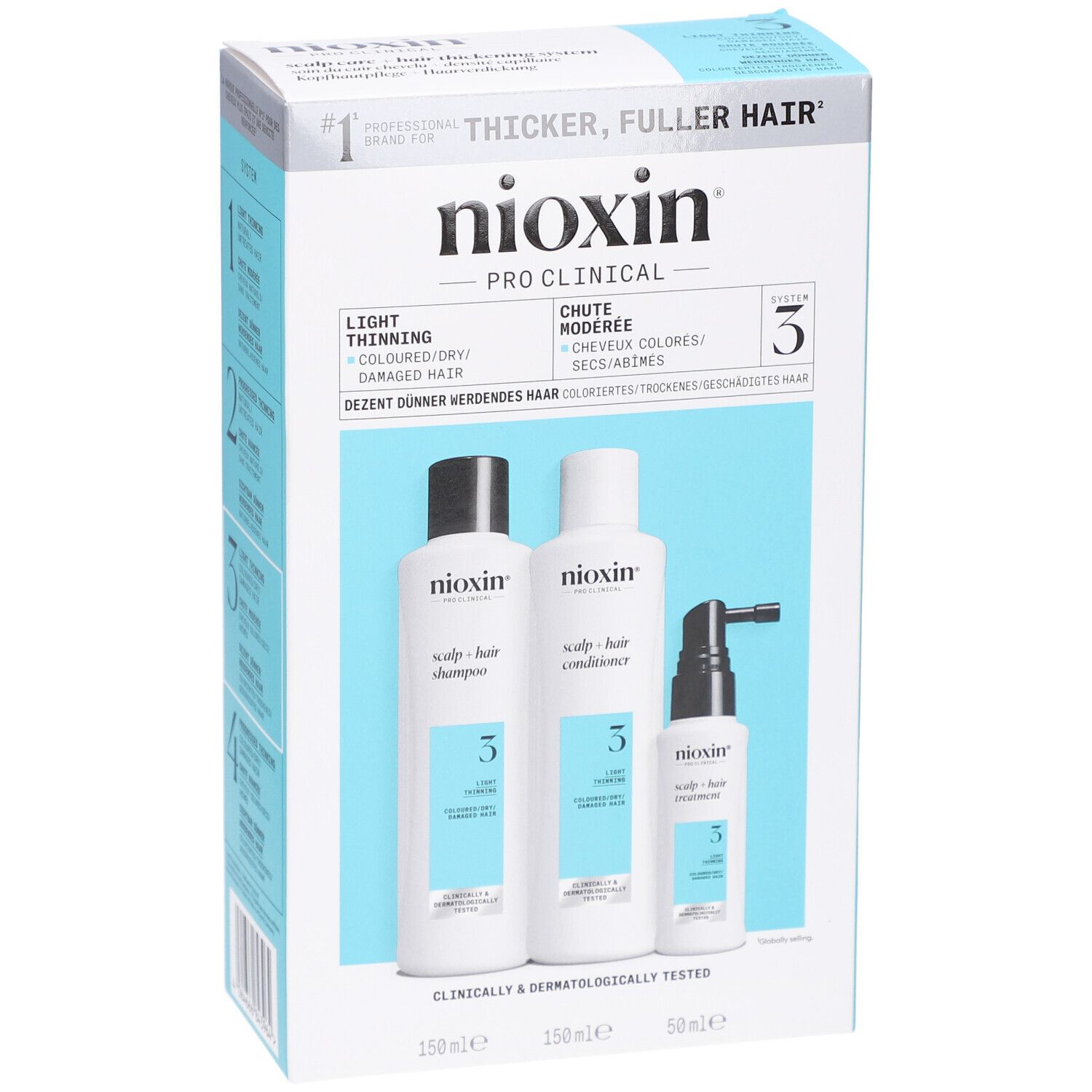Nioxin System 3 Kit. Enthält Shampoo, Conditioner und Treatment. Für coloriertes, leicht dünner werdendes Haar.