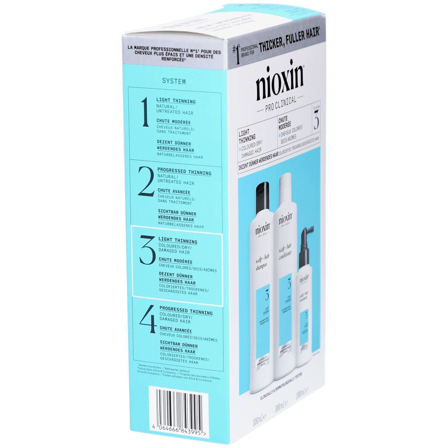 Nioxin System 3 Box, Seitenansicht. Enthält Informationen zu den Systemen 1-5. Weiß-blaue Verpackung.