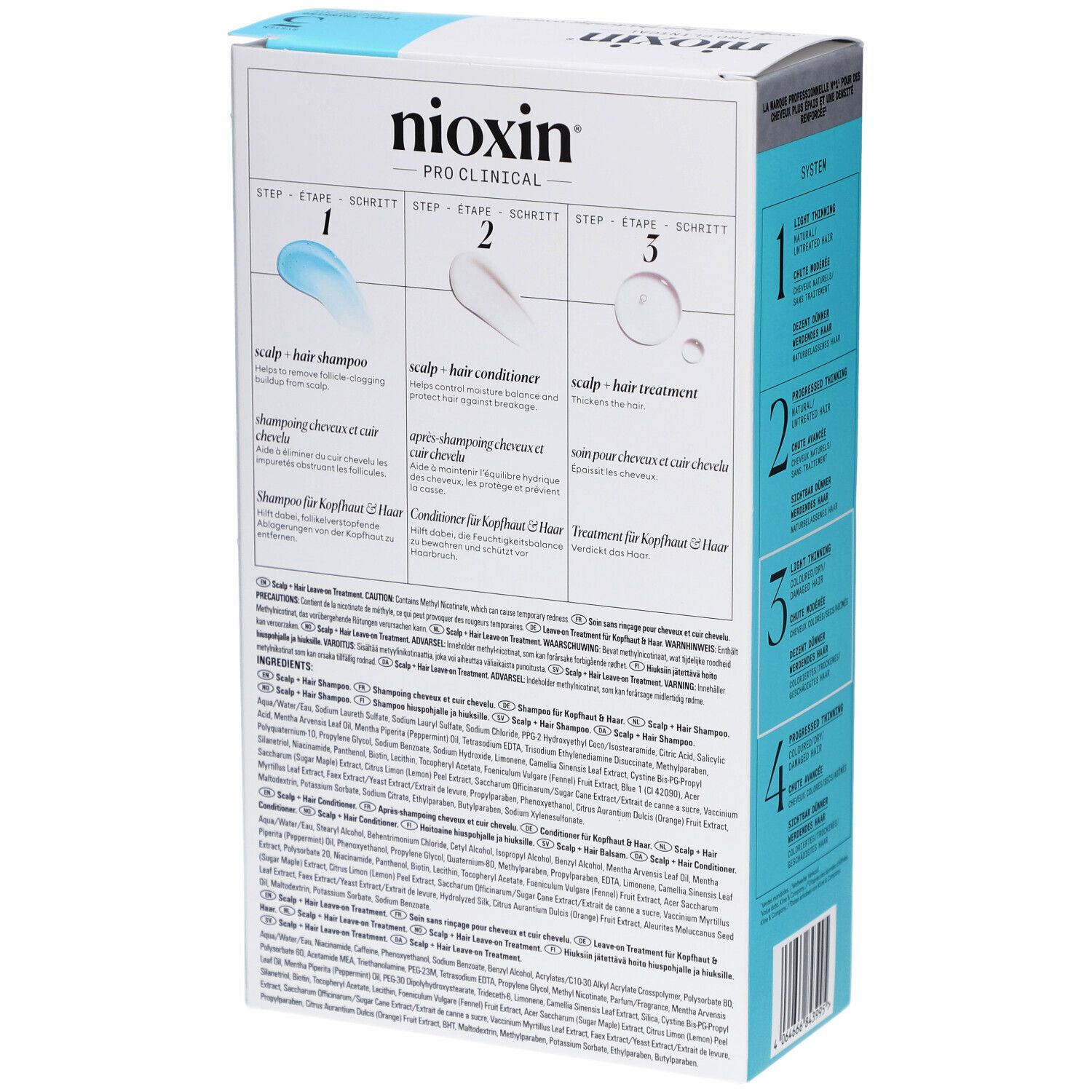 Rückseite der Nioxin System 3 Box. Anwendungsanleitung und Inhaltsstoffe. Weiß-blaue Verpackung.