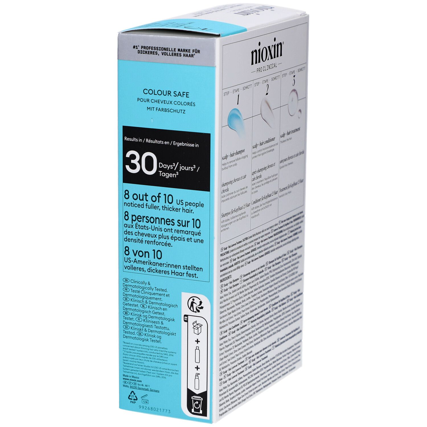 Nioxin System 3 Box, Detailansicht. Enthält Informationen zu Ergebnissen und Inhaltsstoffen. Weiß-blaue Verpackung.