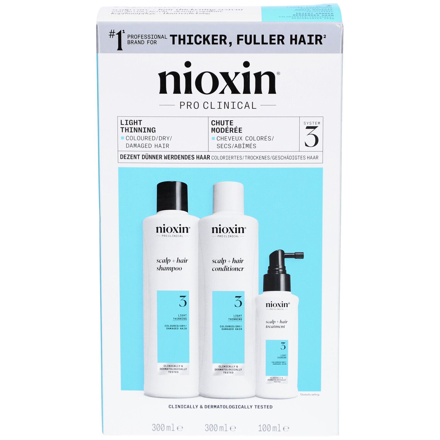 Nioxin System 3 Coffret, drei Flaschen. Shampoo, Conditioner und Treatment für coloriertes Haar. Weiß-blaue Verpackung.
