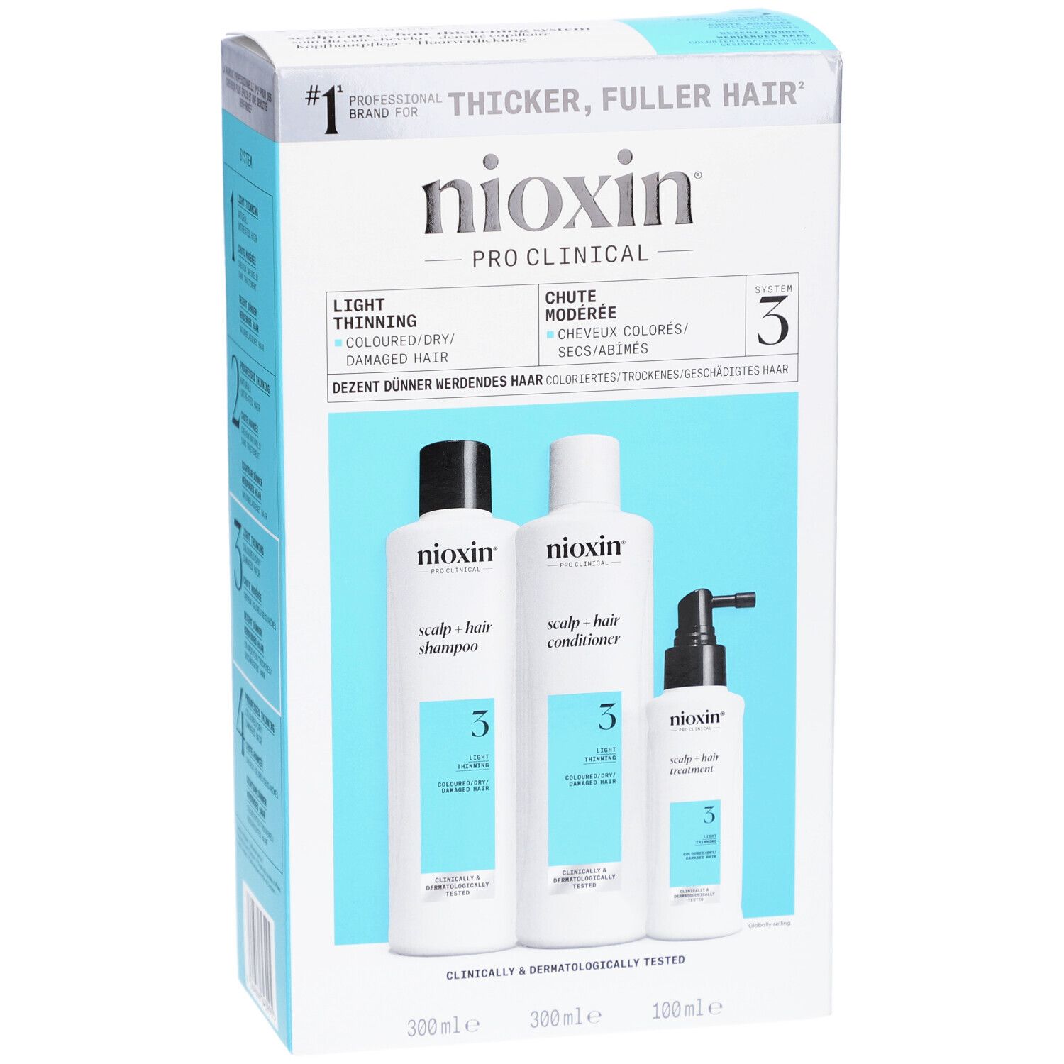 Nioxin System 3 Coffret, drei Flaschen. Shampoo, Conditioner und Treatment für coloriertes Haar. Weiß-blaue Verpackung.