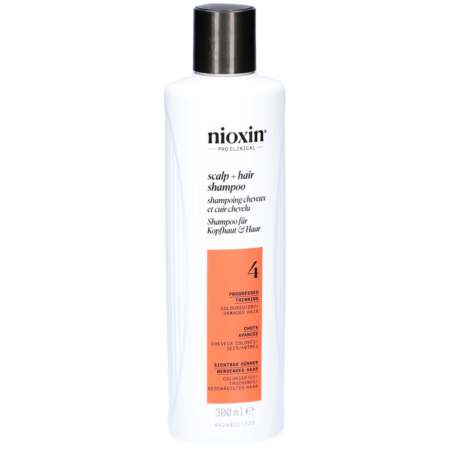 Weißes Shampoo mit schwarzem Deckel. Aufschrift: Nioxin, Scalp + Hair Shampoo, 4. Für coloriertes, dünner werdendes Haar.