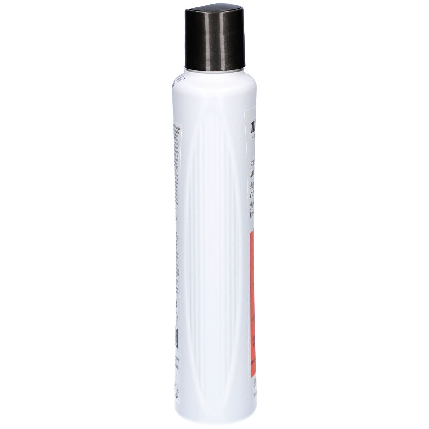Weißes Shampoo mit schwarzem Deckel. Seitenansicht. Aufschrift: Nioxin. Orangefarbener Streifen mit Text.