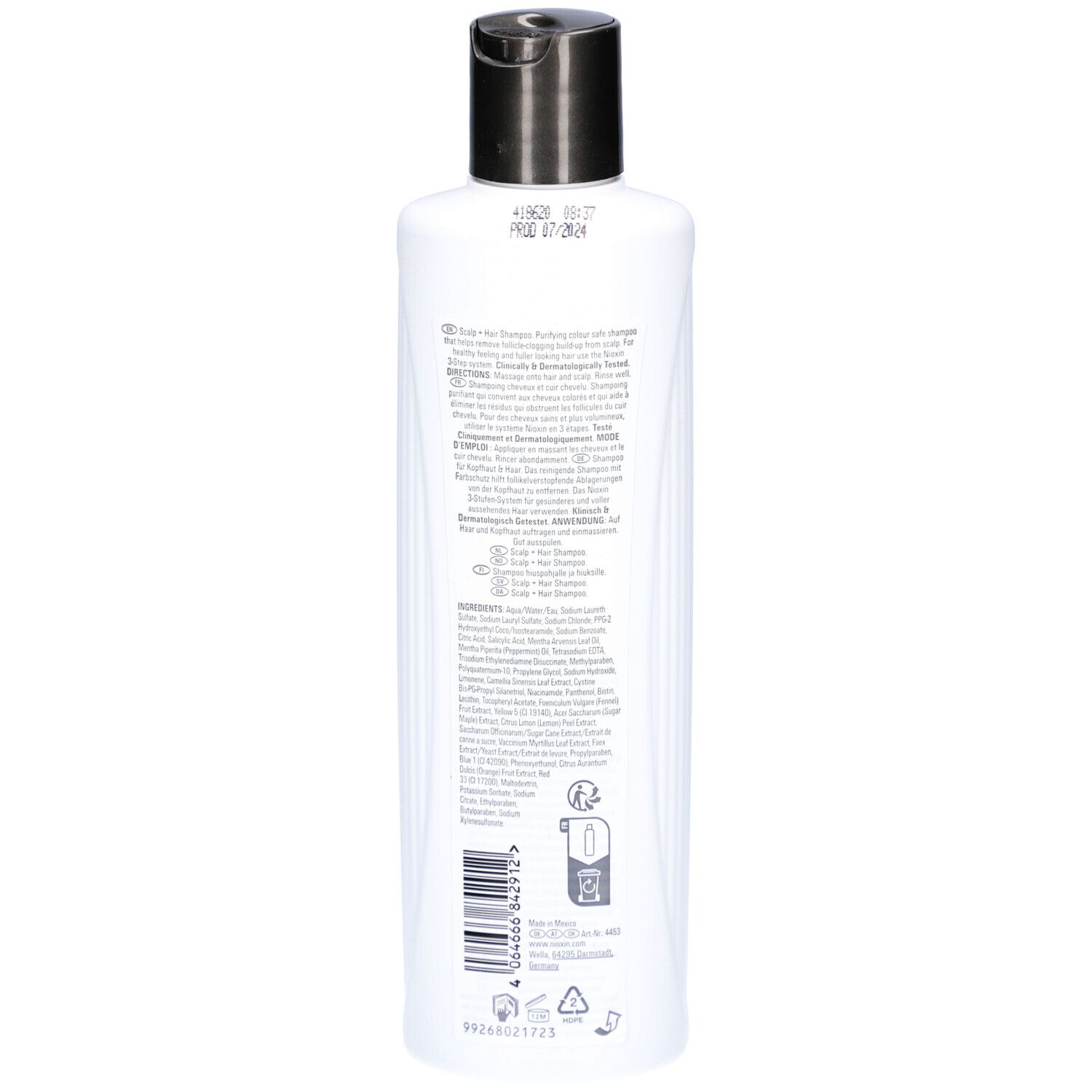 Weißes Shampoo mit schwarzem Deckel. Rückansicht. Aufschrift: Nioxin. Text und Symbole.