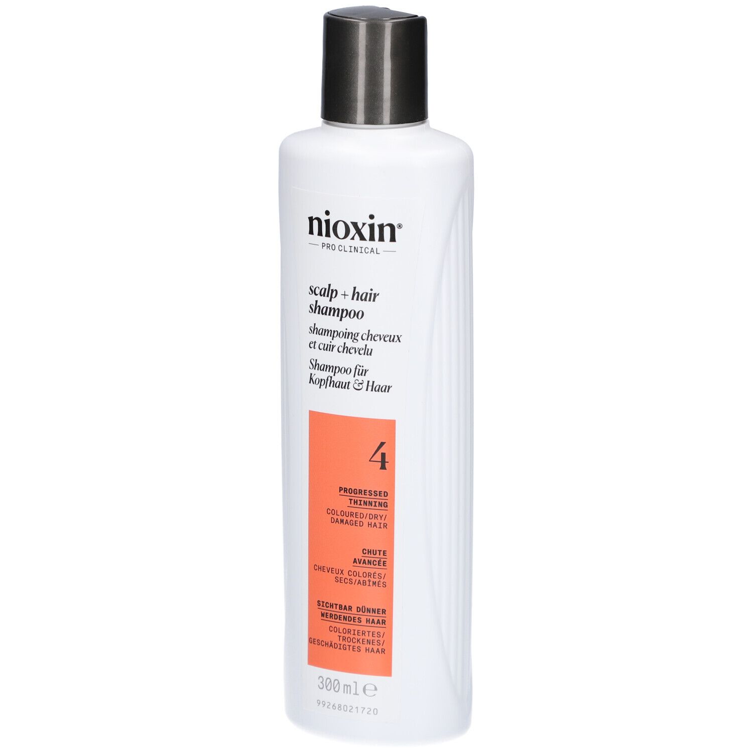 Weißes Shampoo mit schwarzem Deckel. Aufschrift: Nioxin, Scalp + Hair Shampoo, 4. Für coloriertes, dünner werdendes Haar.