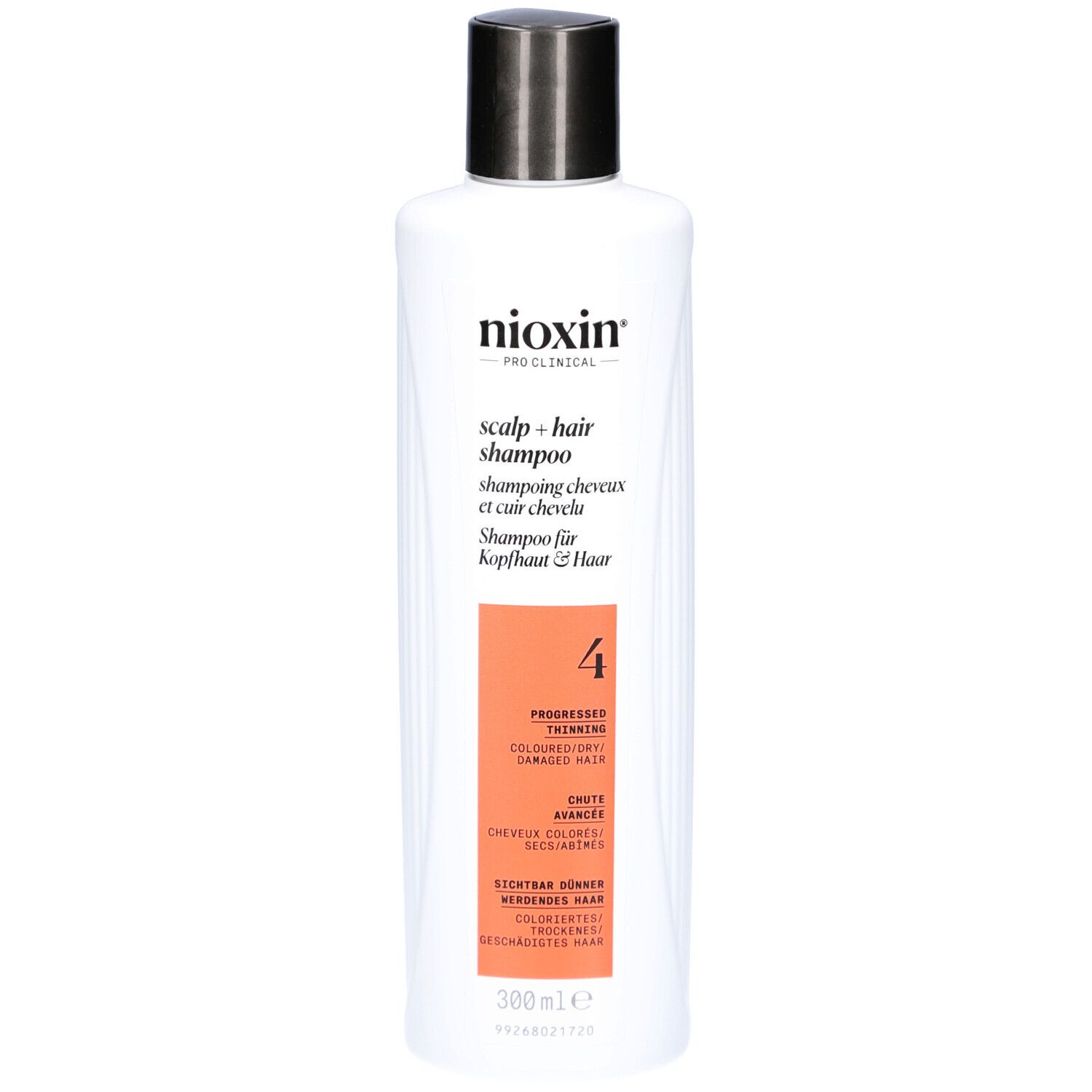 Weißes Shampoo mit schwarzem Deckel. Aufschrift: Nioxin, Scalp + Hair Shampoo, 4. Für coloriertes, dünner werdendes Haar.