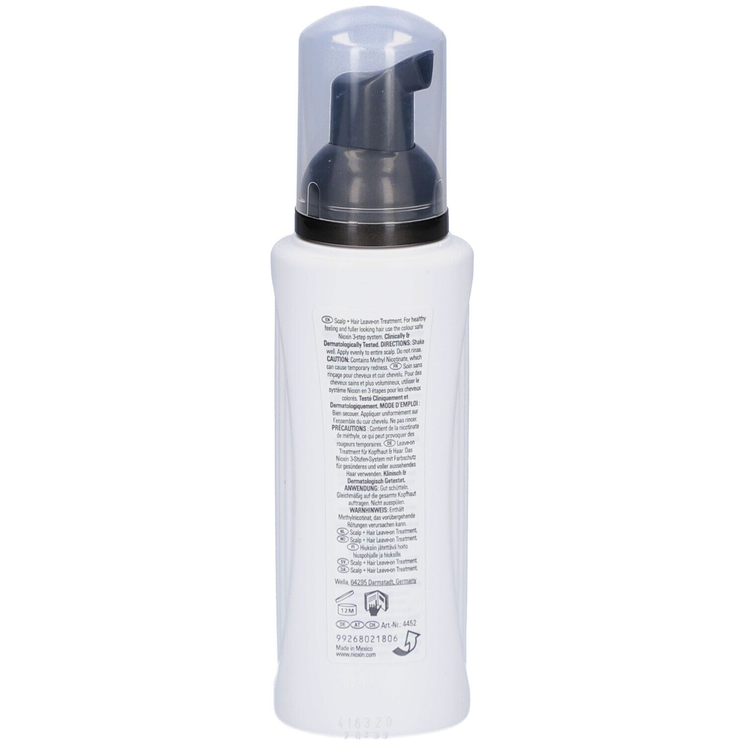 Rückseite einer weißen Flasche mit Text. Enthält Informationen zu Inhaltsstoffen und Anwendung. Mit Logos und Symbolen.
