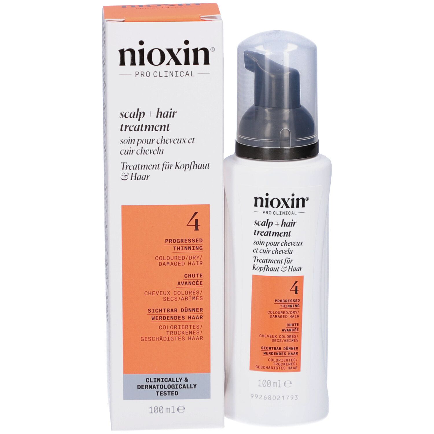 Produkt und Verpackung. Weiße Schachtel mit Flasche. Aufschrift: Nioxin, Scalp + Hair Treatment, 4. Für coloriertes Haar.