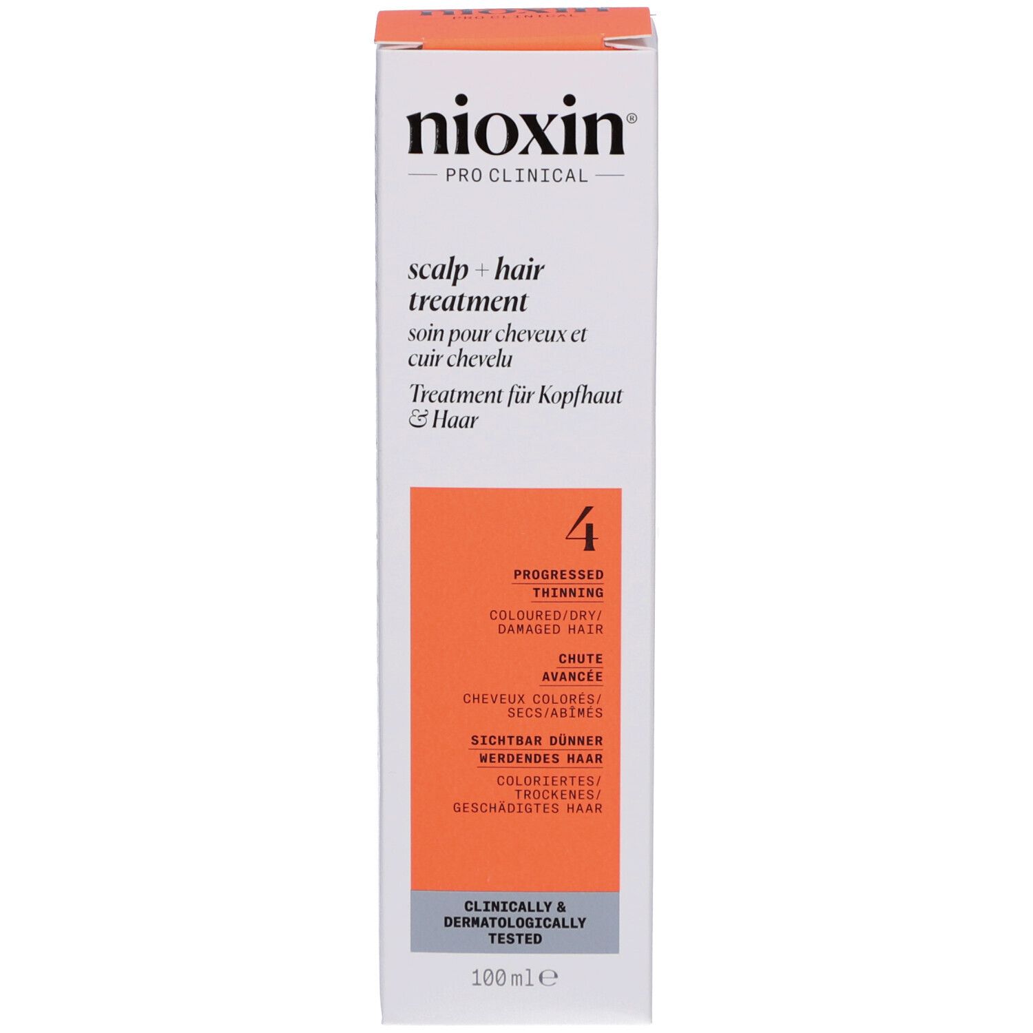 Weiße Schachtel mit Text. Aufschrift: Nioxin, Scalp + Hair Treatment, 4. Für coloriertes Haar. Klinisch getestet.
