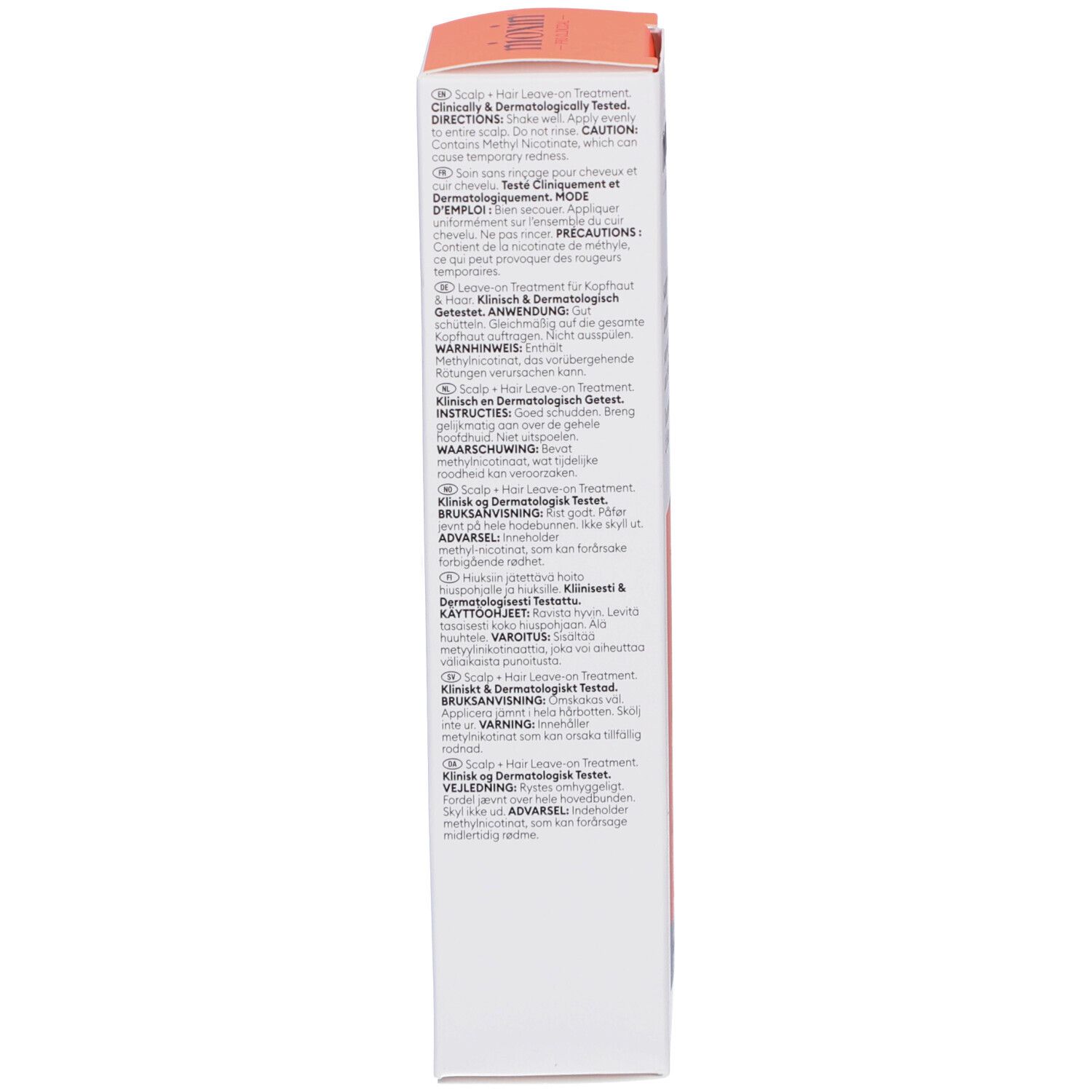 Seite der Verpackung mit Text. Enthält Informationen zur Anwendung und Warnhinweise. Klinisch und dermatologisch getestet.