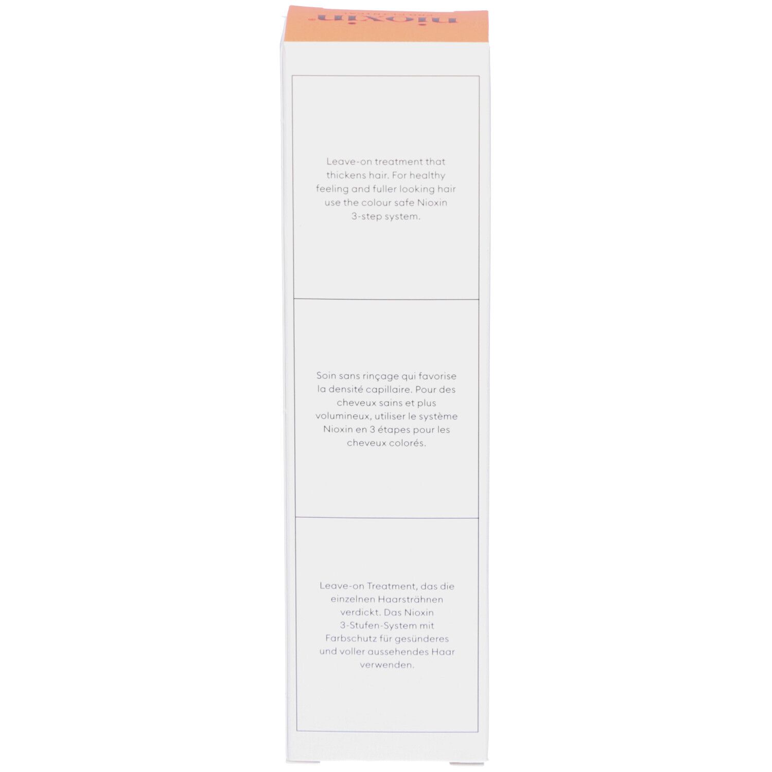 Seite der Verpackung mit Text. Beschreibt die Anwendung und Vorteile. Für coloriertes Haar. 3-Stufen-System.
