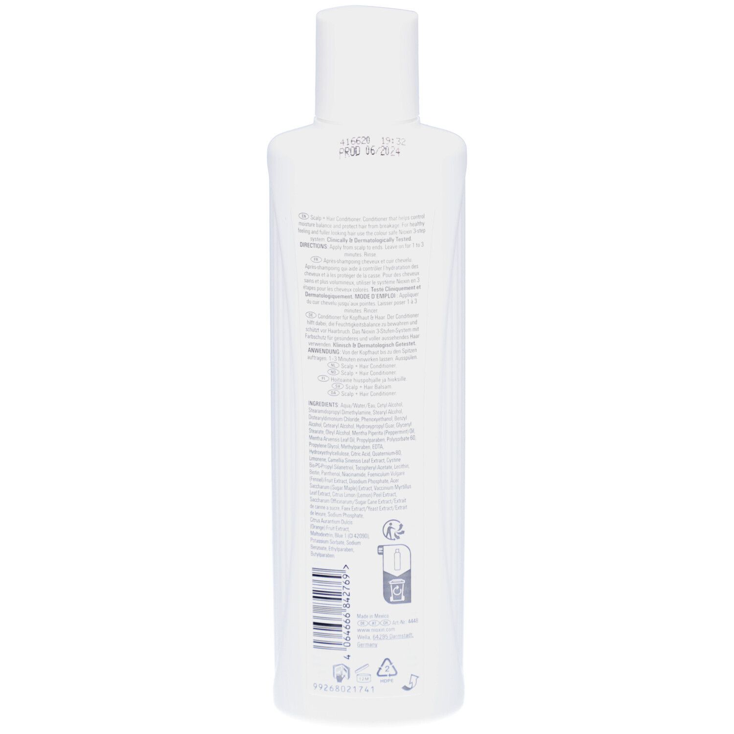 Rückseite einer weißen Nioxin-Flasche. Text in mehreren Sprachen. Barcode und Symbole.