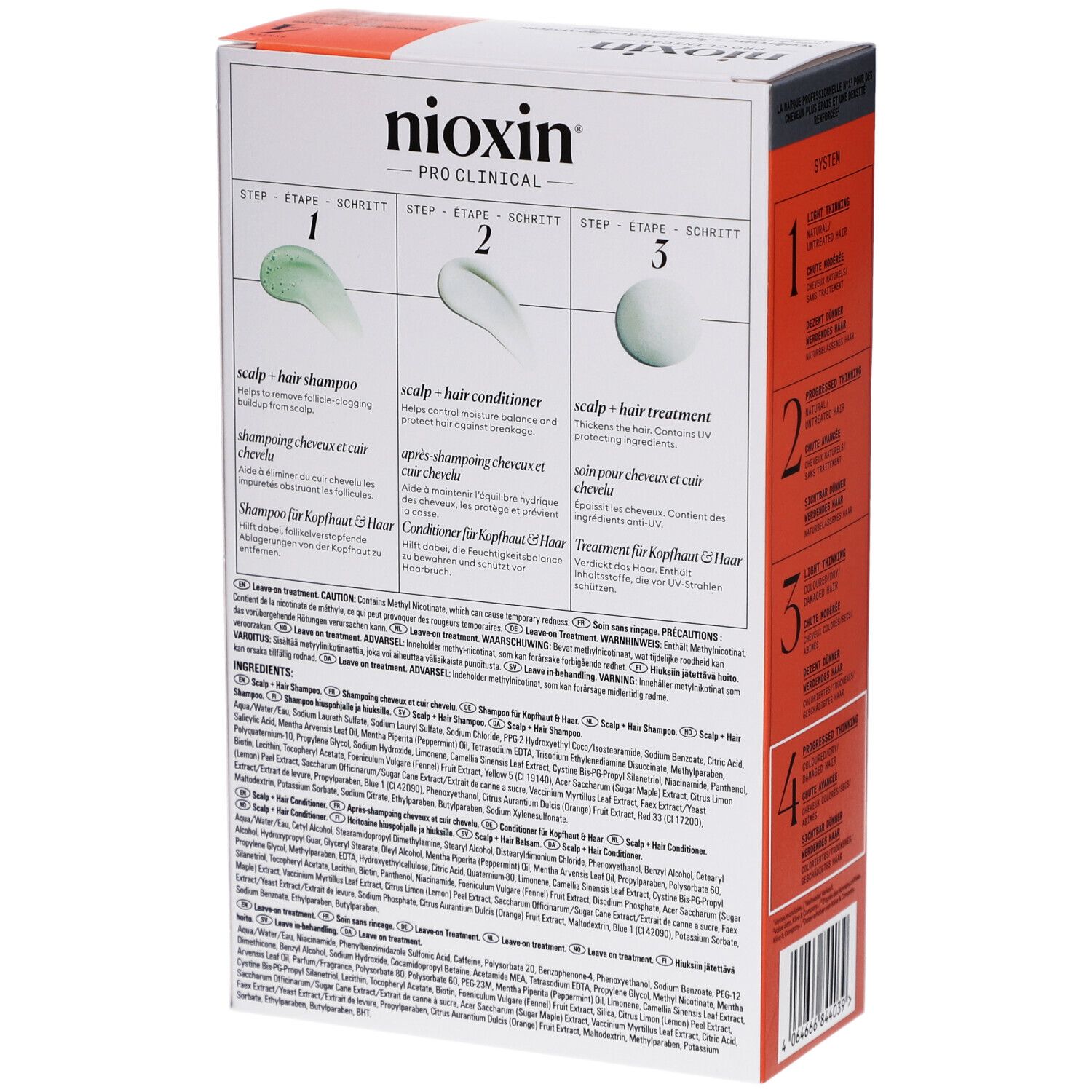 Nioxin System 4 Kit. Rückseite der Verpackung mit Anwendungsanleitung in drei Schritten. Inhaltsstoffe und Warnhinweise.