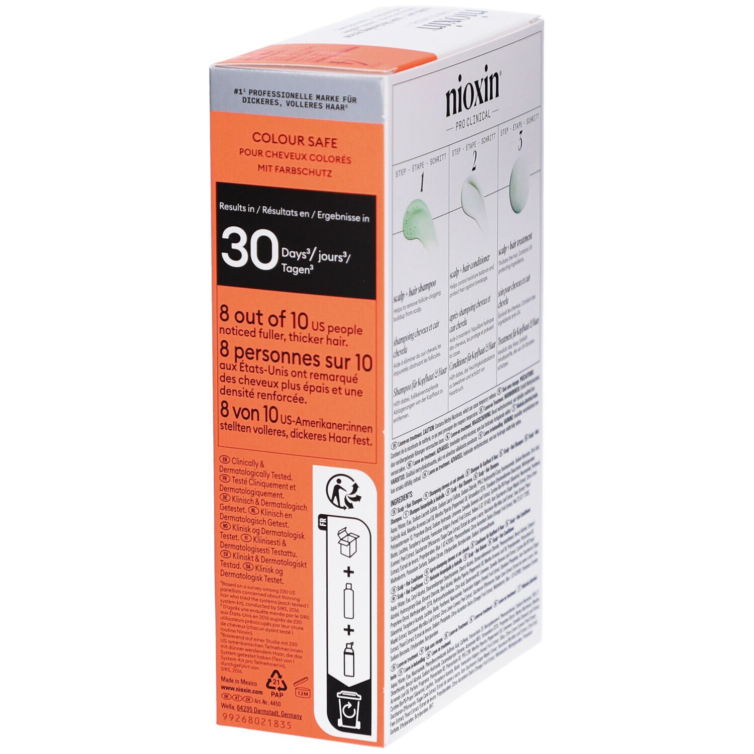 Nioxin System 4 Kit. Verpackung mit Informationen zu Ergebnissen nach 30 Tagen. Orangefarbene und weiße Elemente.