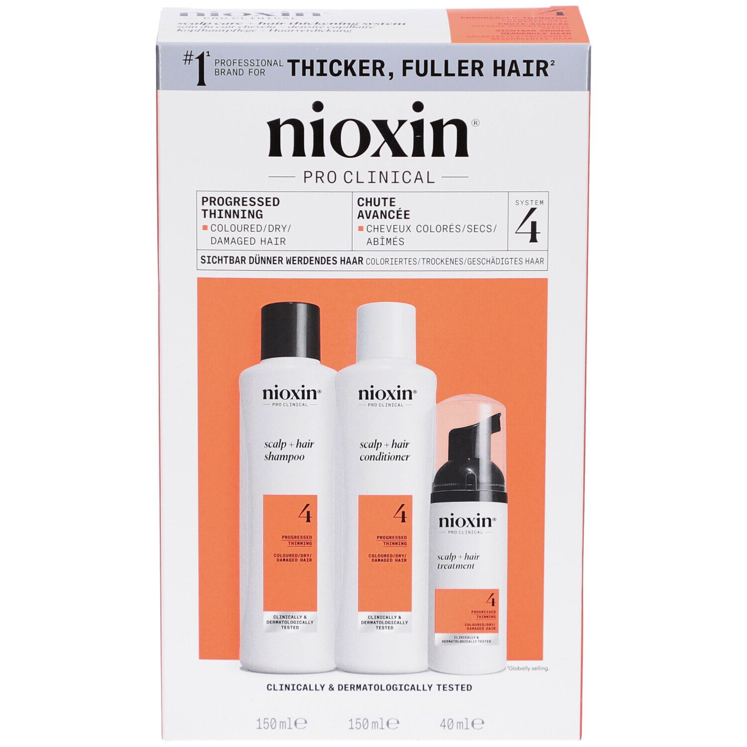 Nioxin System 4 Kit. Enthält Shampoo, Conditioner und Treatment. Für coloriertes, dünner werdendes Haar. Verpackung.