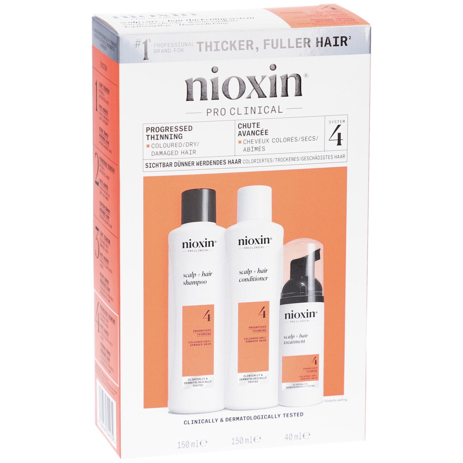 Nioxin System 4 Kit. Enthält Shampoo, Conditioner und Treatment. Für coloriertes, dünner werdendes Haar. Verpackung.