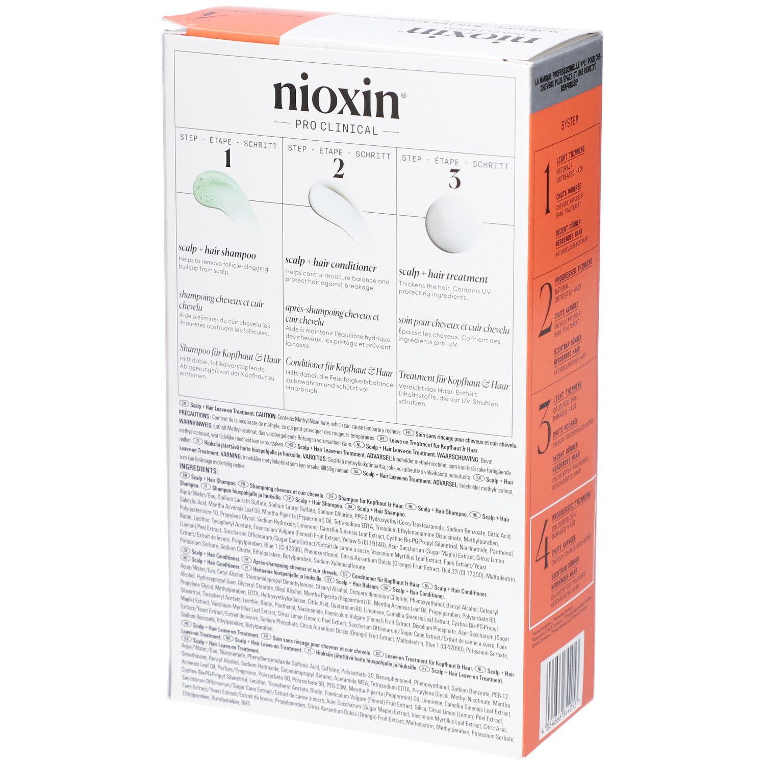 Rückseite der Nioxin System 4 Verpackung. Produktinformationen und Anwendungshinweise in mehreren Sprachen.