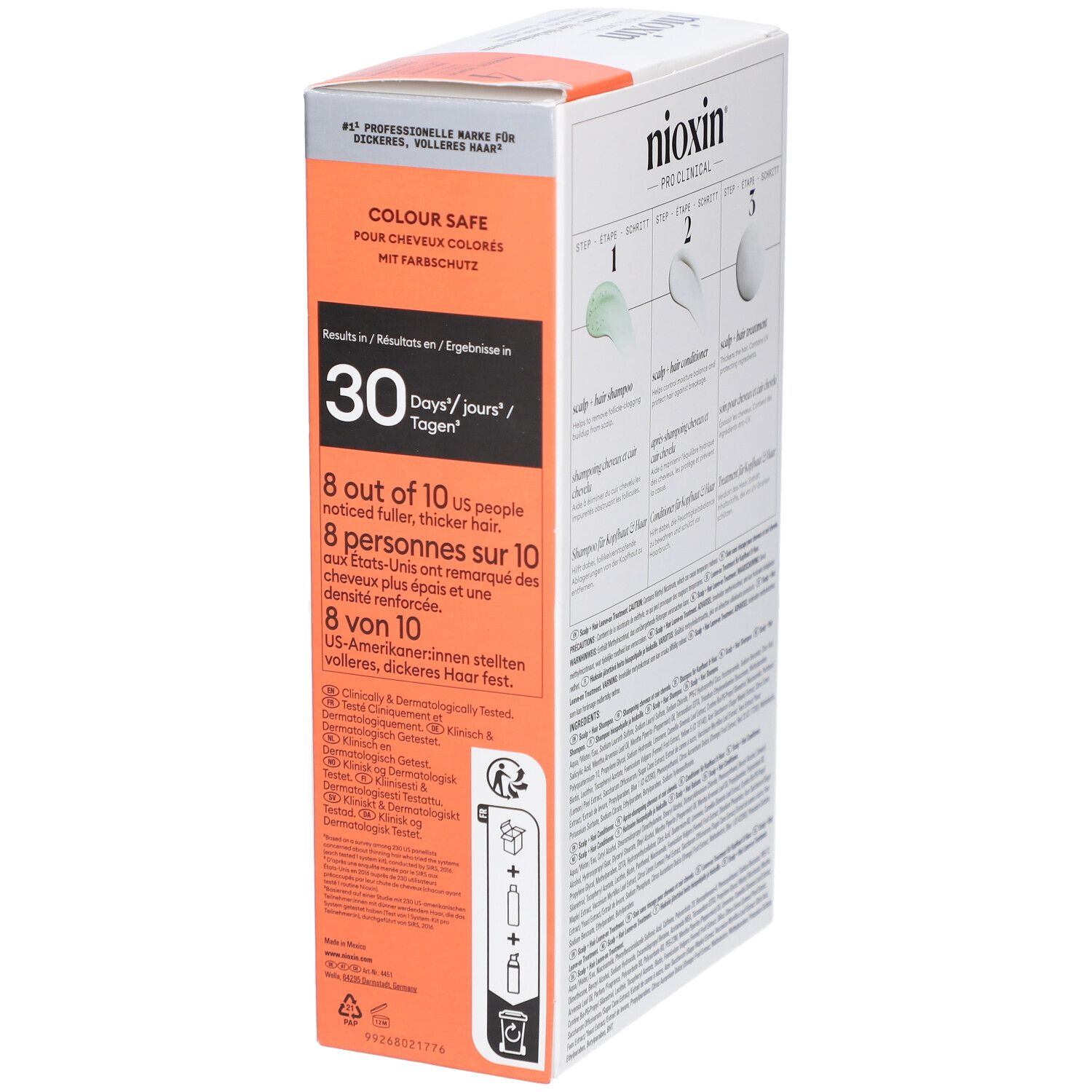 Nioxin System 4 Verpackung. Enthält Informationen zur Wirksamkeit und Inhaltsstoffe. Mehrsprachig.