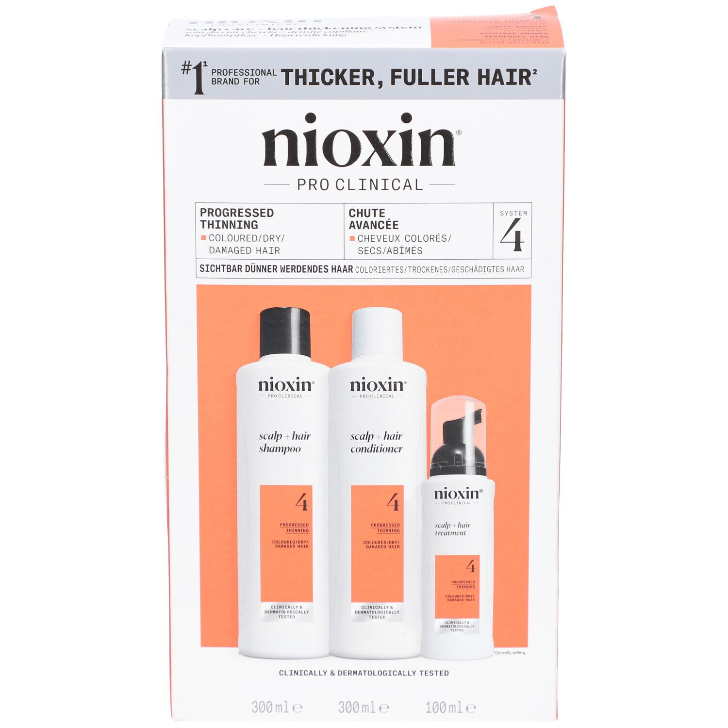 Nioxin System 4 Kit. Enthält Shampoo, Conditioner und Treatment. Verpackung mit Produktinformationen.