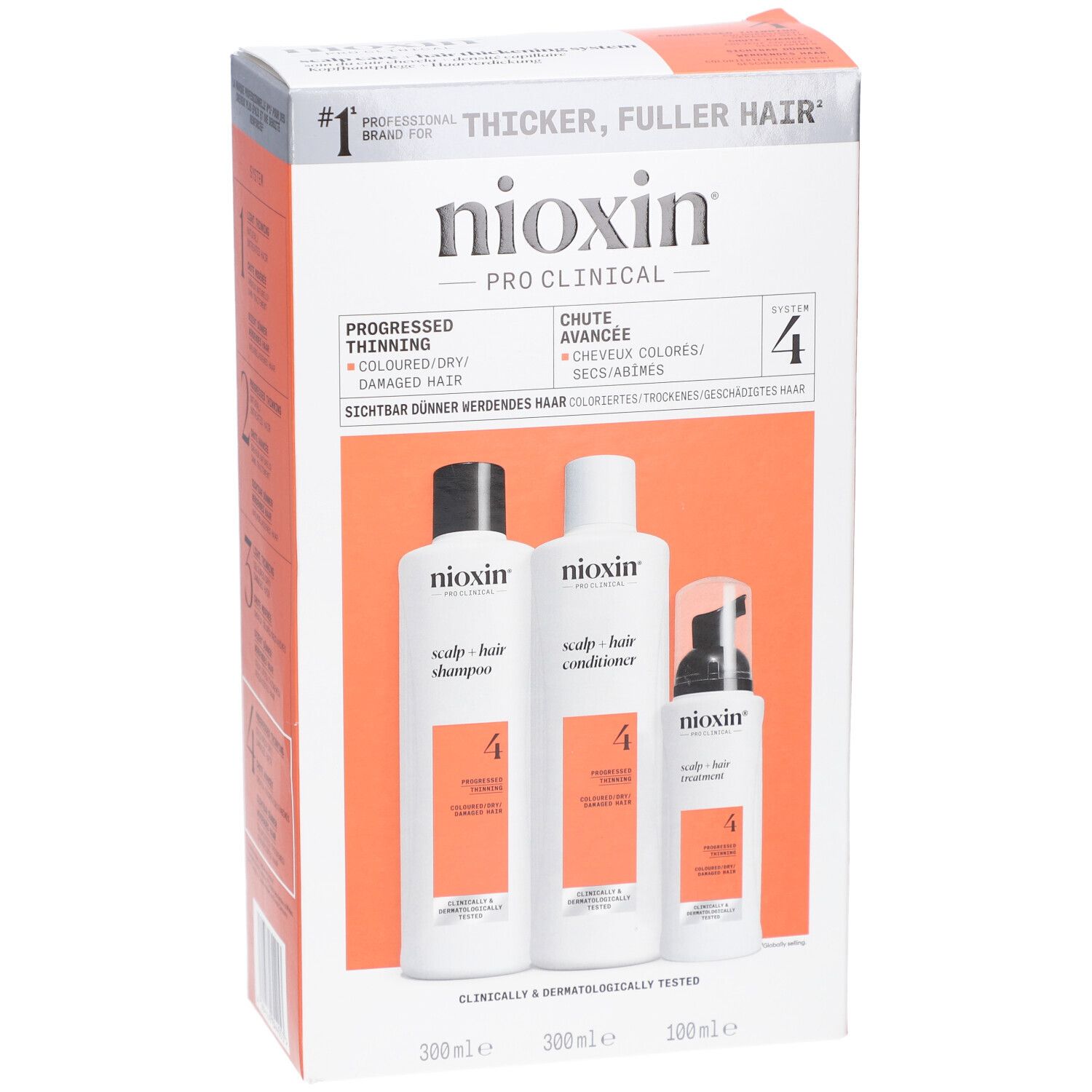 Nioxin System 4 Kit. Enthält Shampoo, Conditioner und Treatment. Verpackung mit Produktinformationen.