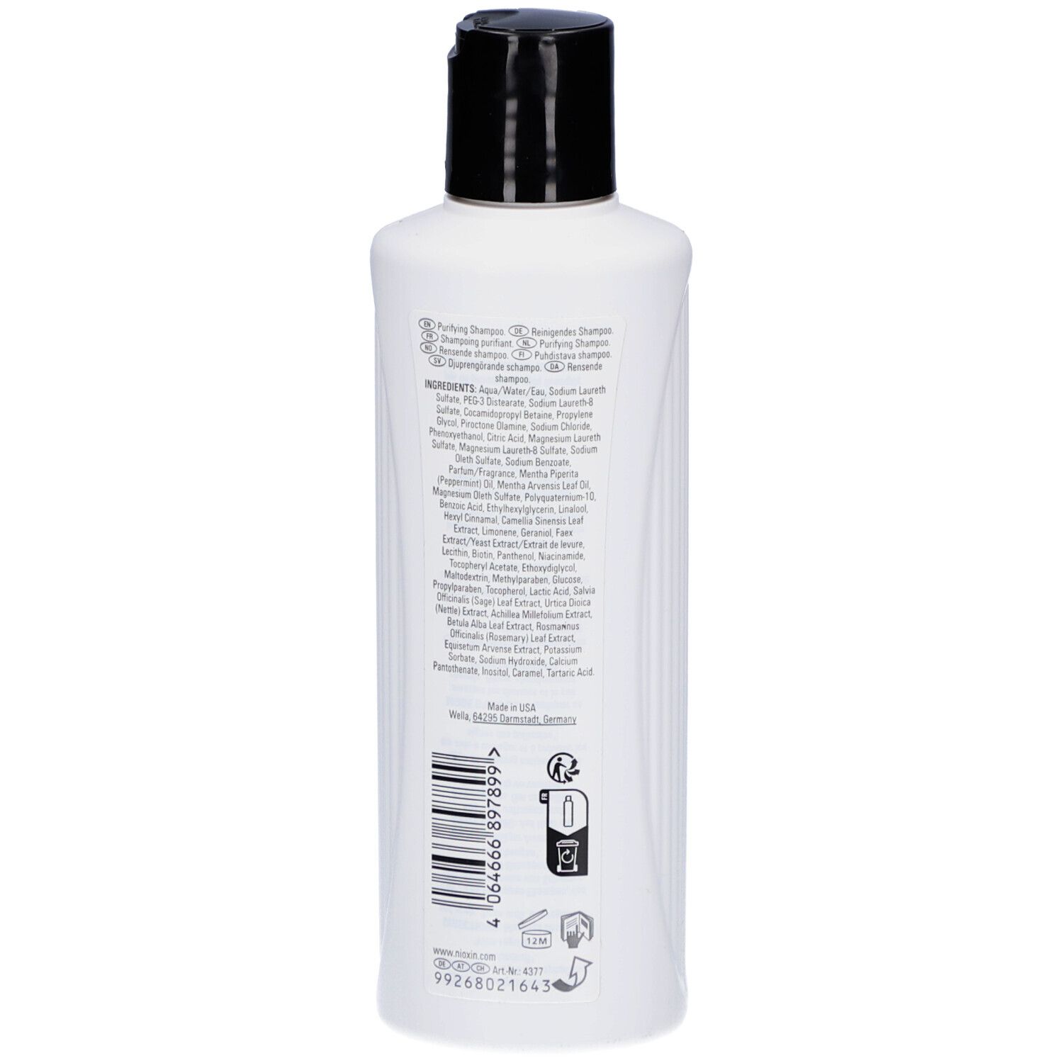 Rückseite Nioxin Pro Clinical Shampoo zur Regeneration der Kopfhaut mit Inhaltsstoffen.