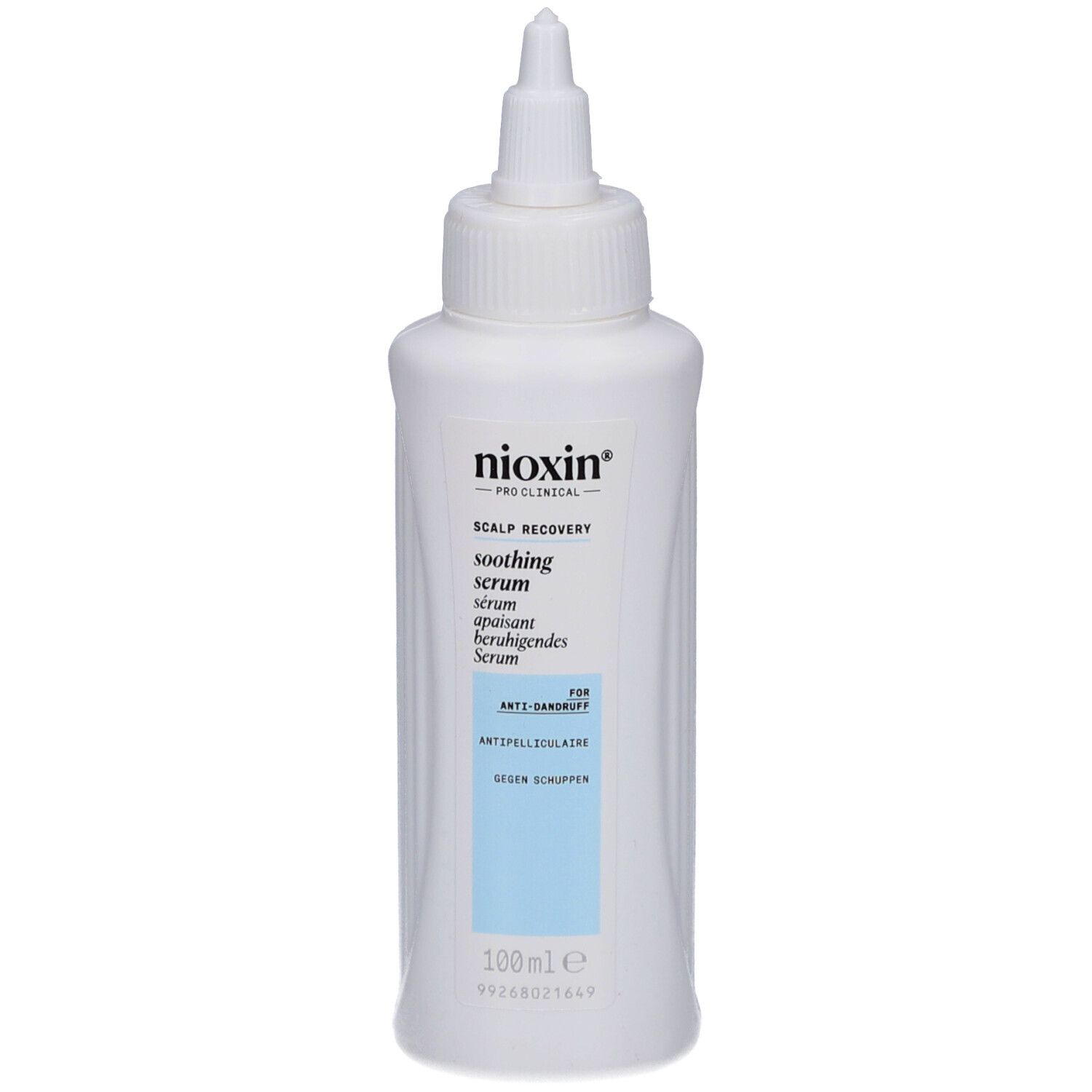 Weiße Flasche mit Applikator. Beschriftung: Nioxin, Scalp Recovery, beruhigendes Serum. Für Anti-Schuppen.