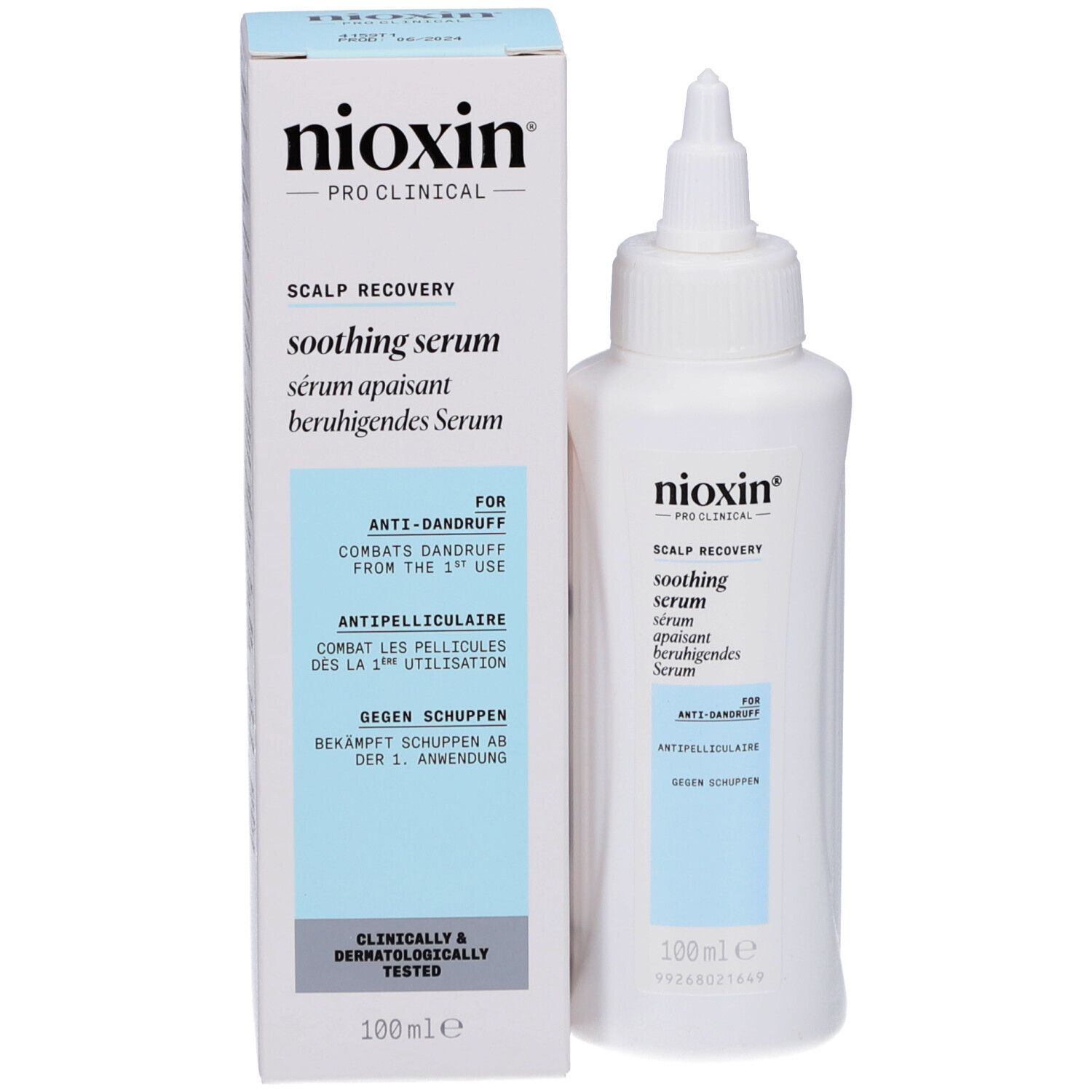 Produktverpackung mit Flasche und Karton. Beschriftung: Nioxin, Scalp Recovery, beruhigendes Serum. Für Anti-Schuppen.