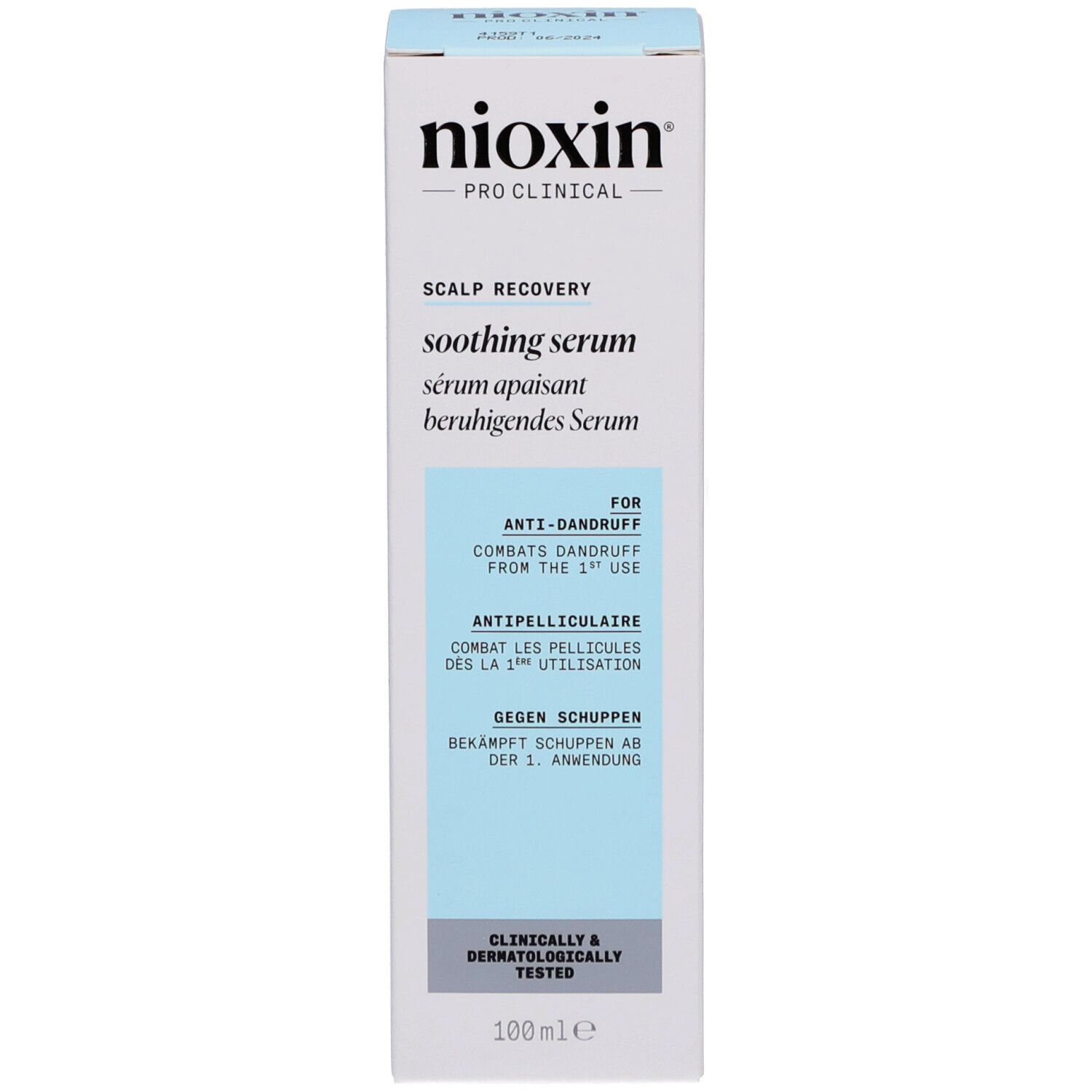 Produktverpackung. Beschriftung: Nioxin, Scalp Recovery, beruhigendes Serum. Für Anti-Schuppen. 100ml.