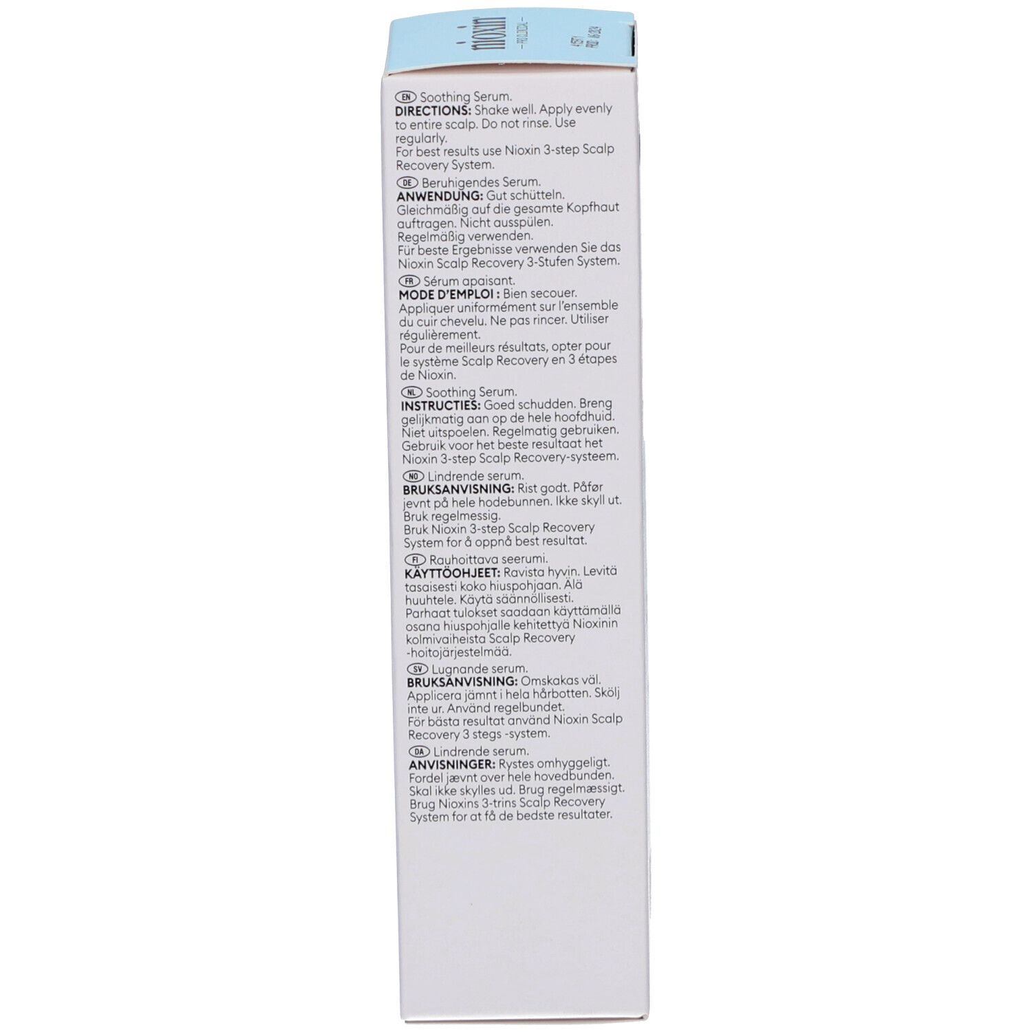 Rückseite der Produktverpackung. Text in mehreren Sprachen. Anweisungen und Inhaltsstoffe.