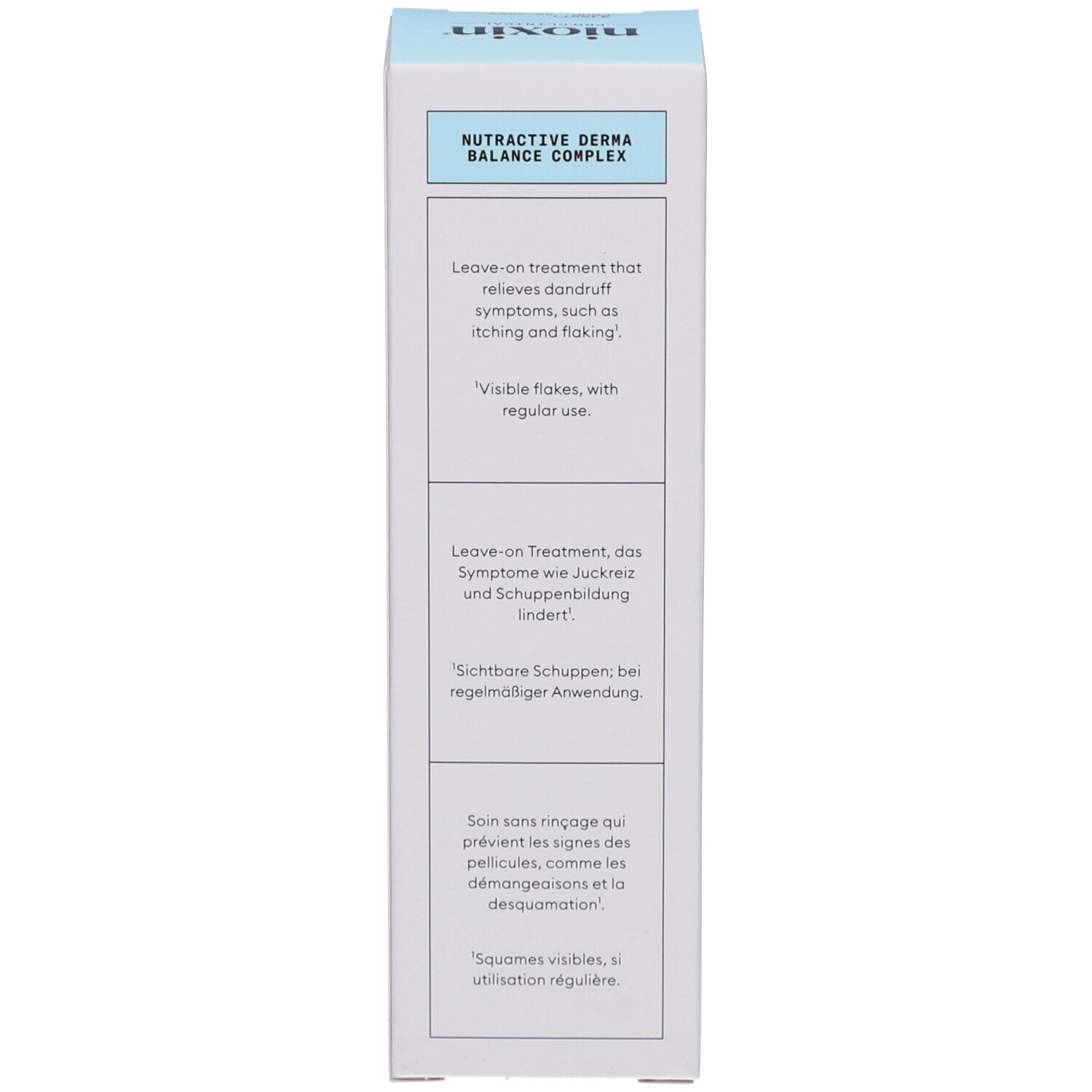 Seite der Produktverpackung. Text: Nutractive Derma Balance Complex. Informationen zu Inhaltsstoffen.