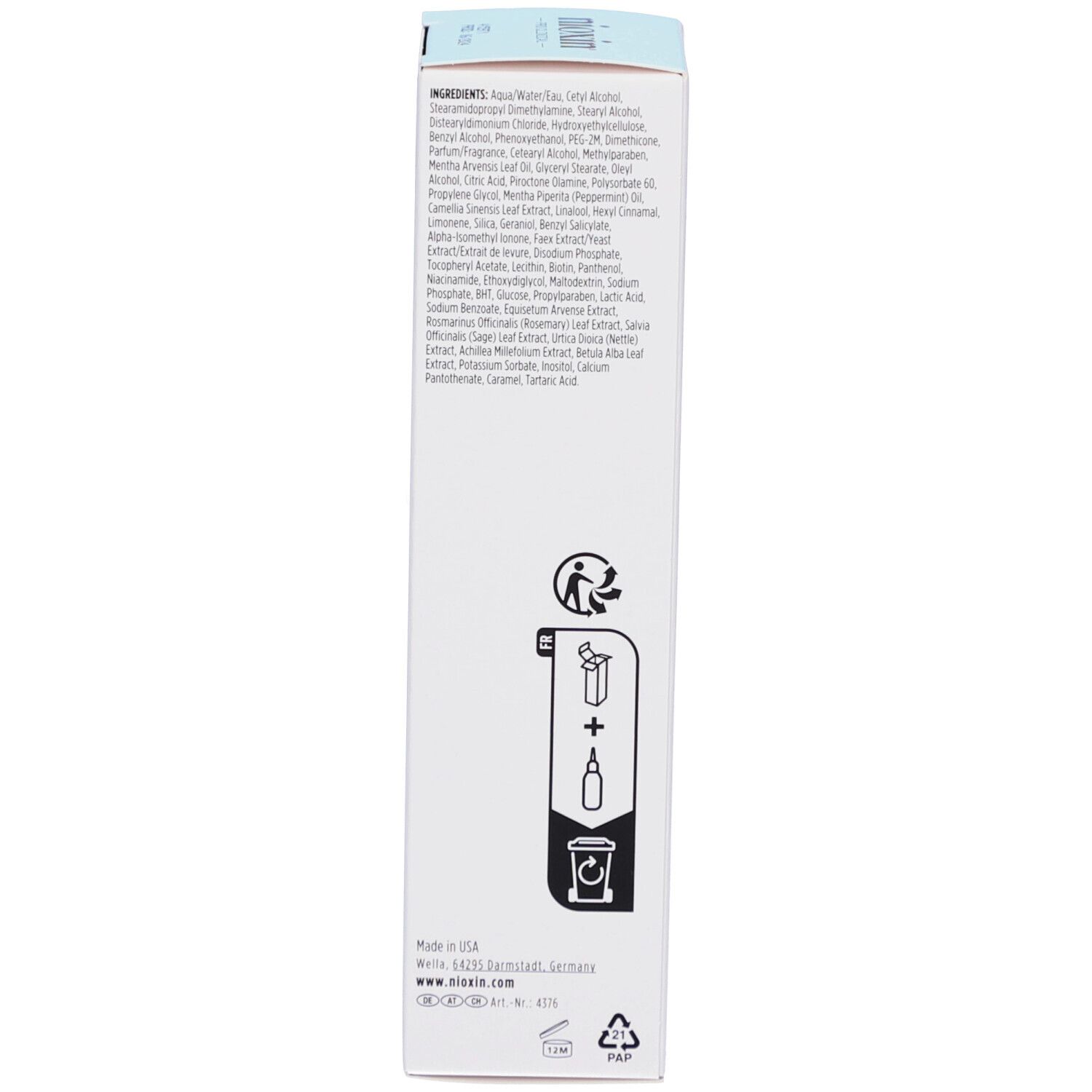 Seite der Produktverpackung. Inhaltsstoffe und Herstellerinformationen. Symbole.