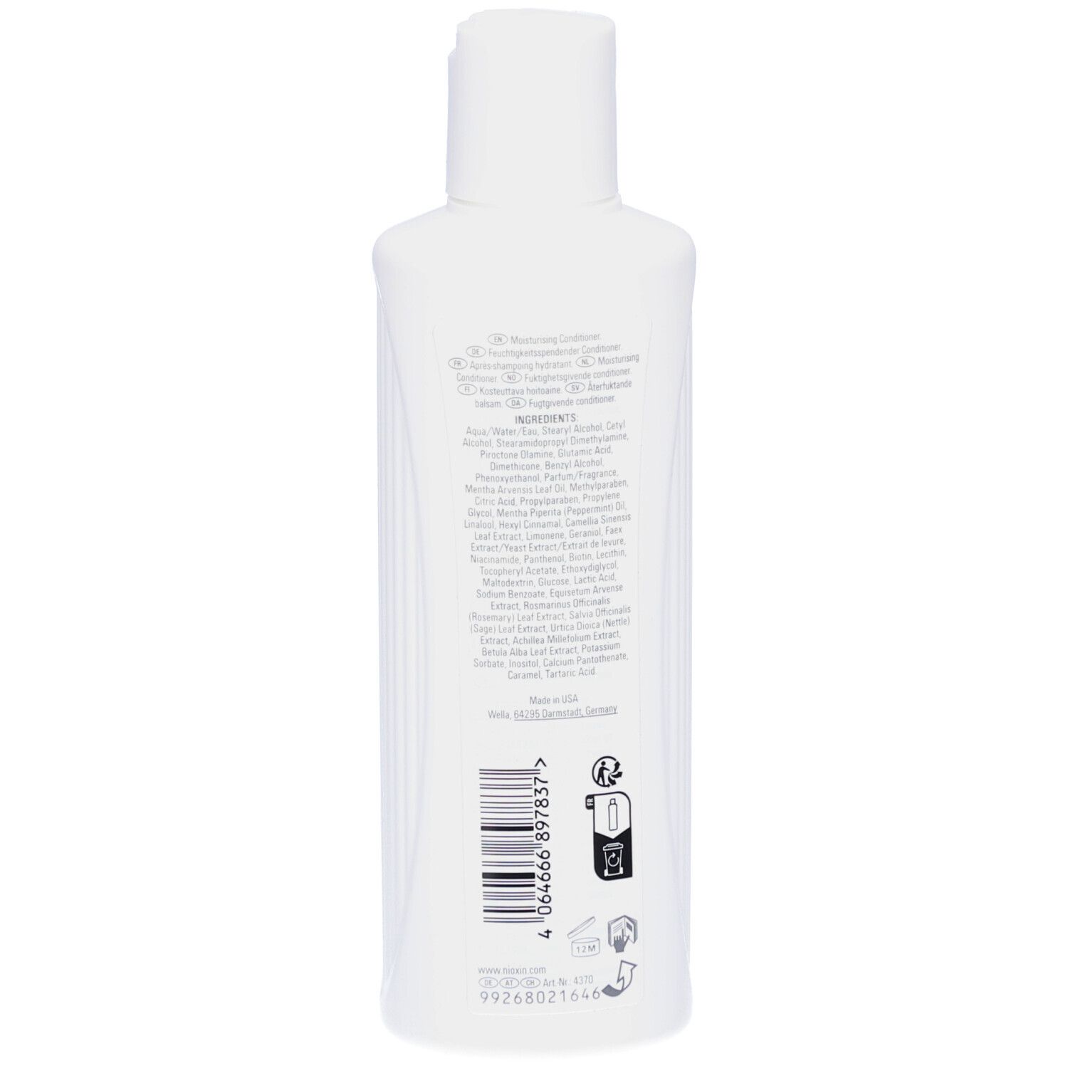 Rückseite einer weißen Nioxin Scalp Recovery Flasche. Text: Inhaltsstoffe, Barcode, Anweisungen.