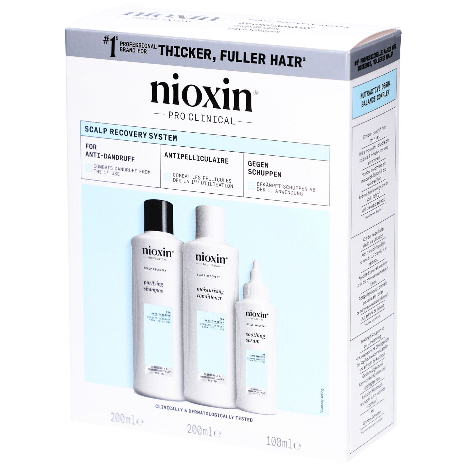 Nioxin Scalp Recovery Kit. Box mit drei Produkten: Shampoo, Conditioner und Serum. Weiß und blaues Design. Text: Anti-Schuppen.
