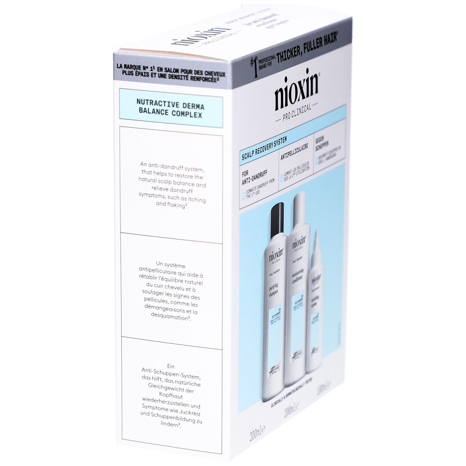 Nioxin Scalp Recovery Kit. Box, Seitenansicht. Enthält Shampoo, Conditioner und Serum. Text: Anti-Schuppen. Blau und weißes Design.