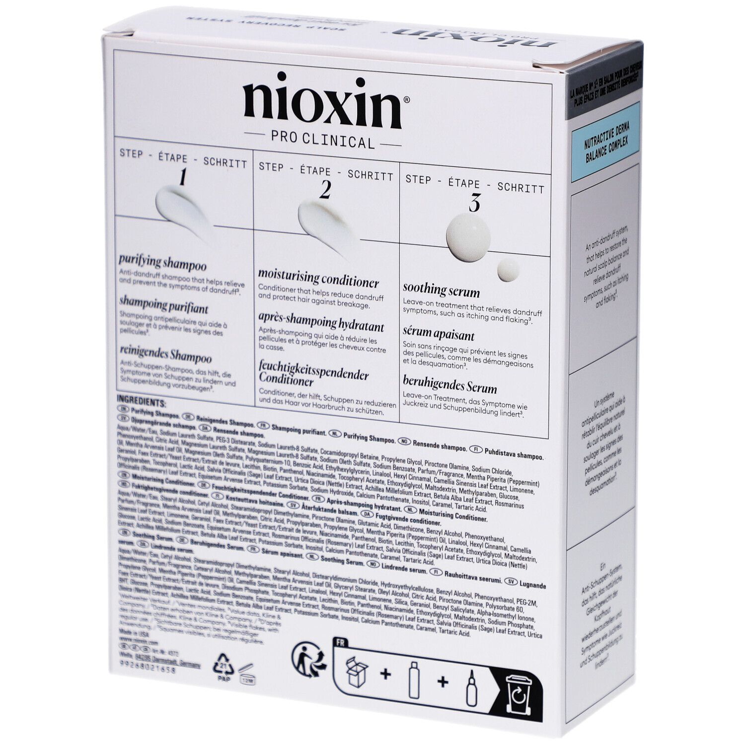 Rückseite der Nioxin Scalp Recovery Kit Box. Enthält Informationen zu den Inhaltsstoffen und Anwendung. Weiß und blaues Design.