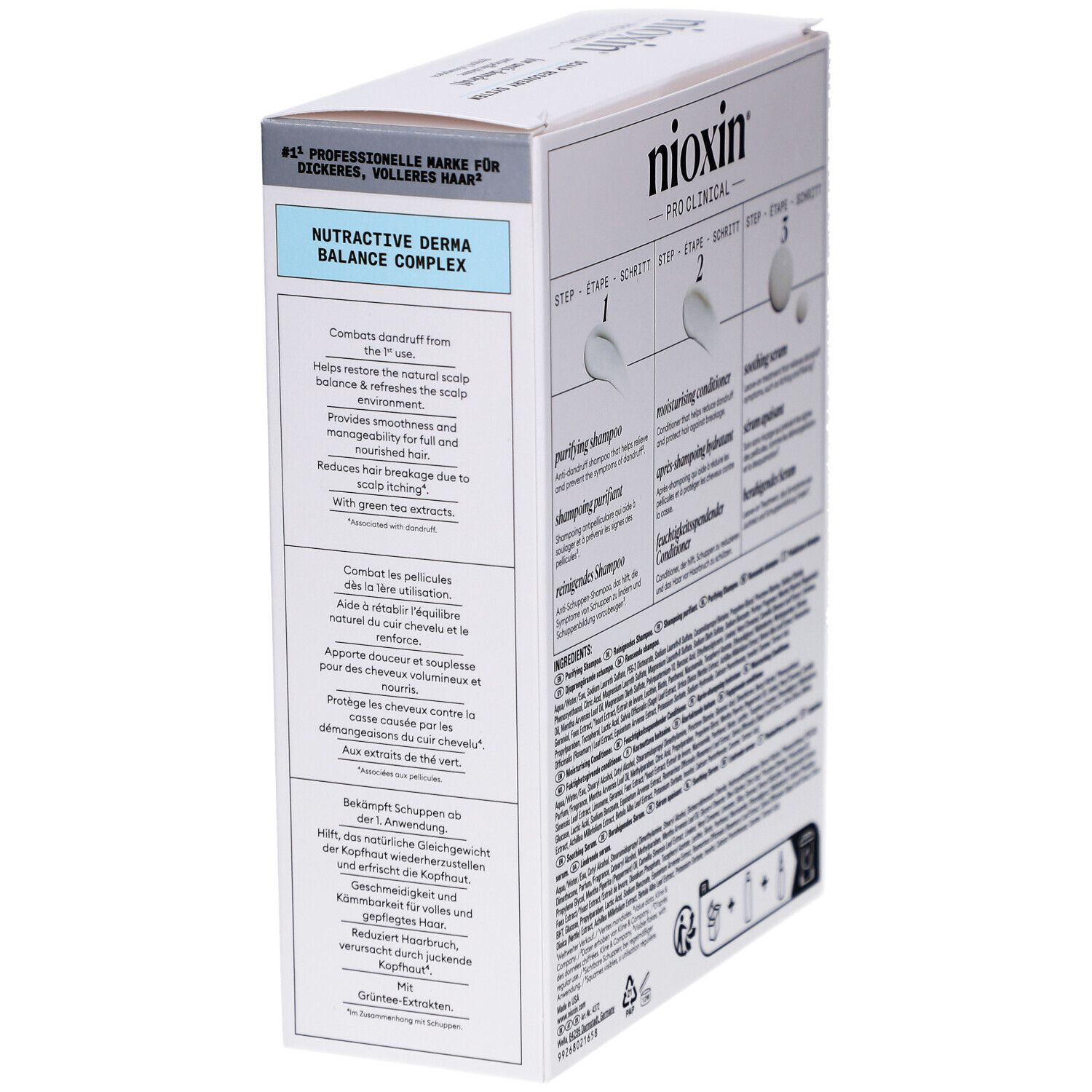 Nioxin Scalp Recovery Kit Box, Seitenansicht. Enthält Informationen zur Anwendung. Weiß und blaues Design. Text: Anti-Schuppen.