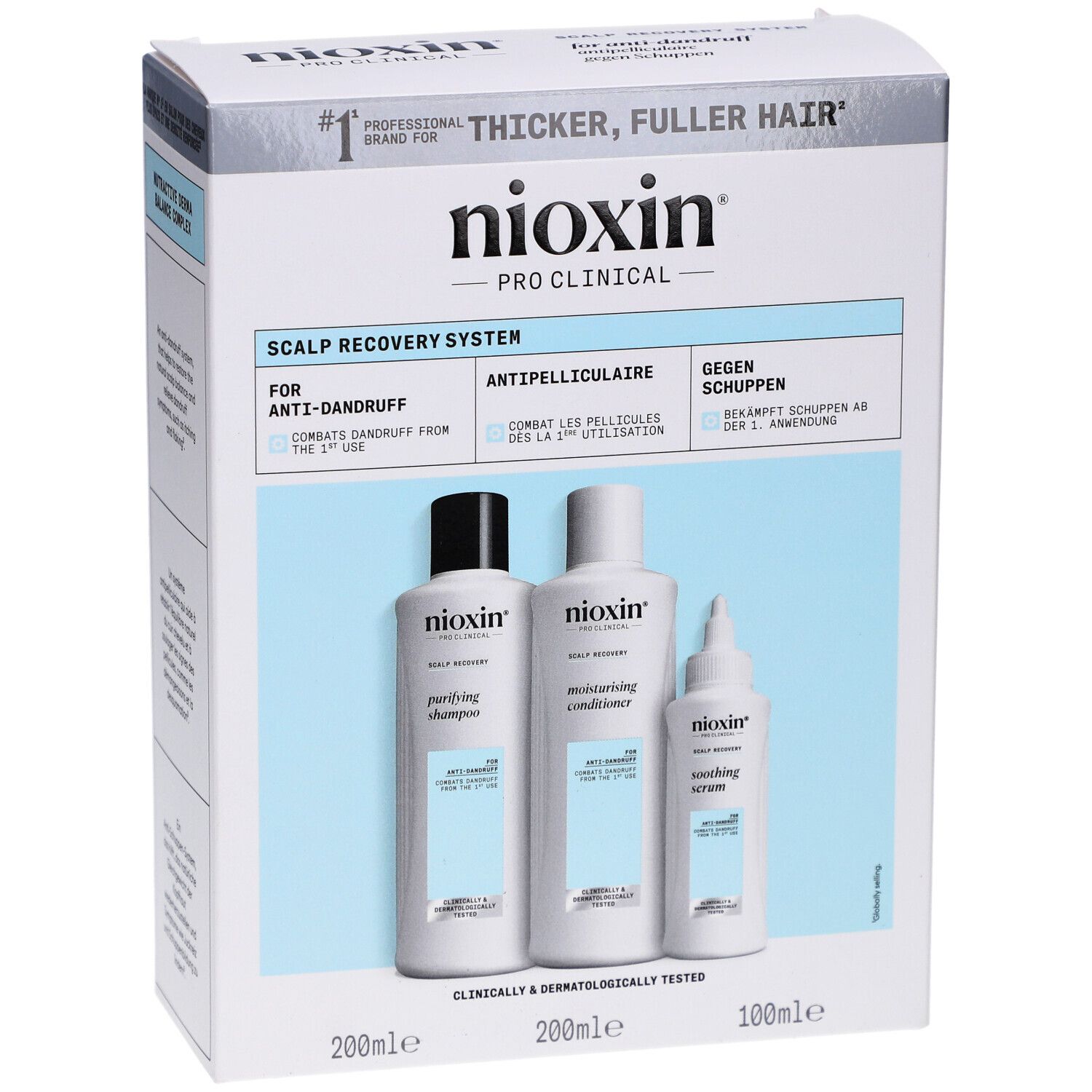 Nioxin Scalp Recovery Kit. Box mit drei Produkten: Shampoo, Conditioner und Serum. Weiß und blaues Design. Text: Anti-Schuppen.