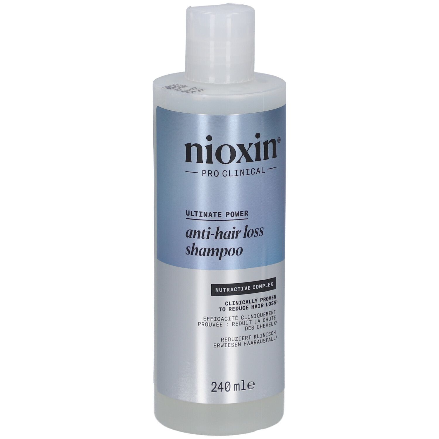 Nioxin Pro Clinical Anti-Haarausfall Shampoo. Weiße Flasche mit blau-silbernem Etikett. Text: Ultimate Power, 240 ml.