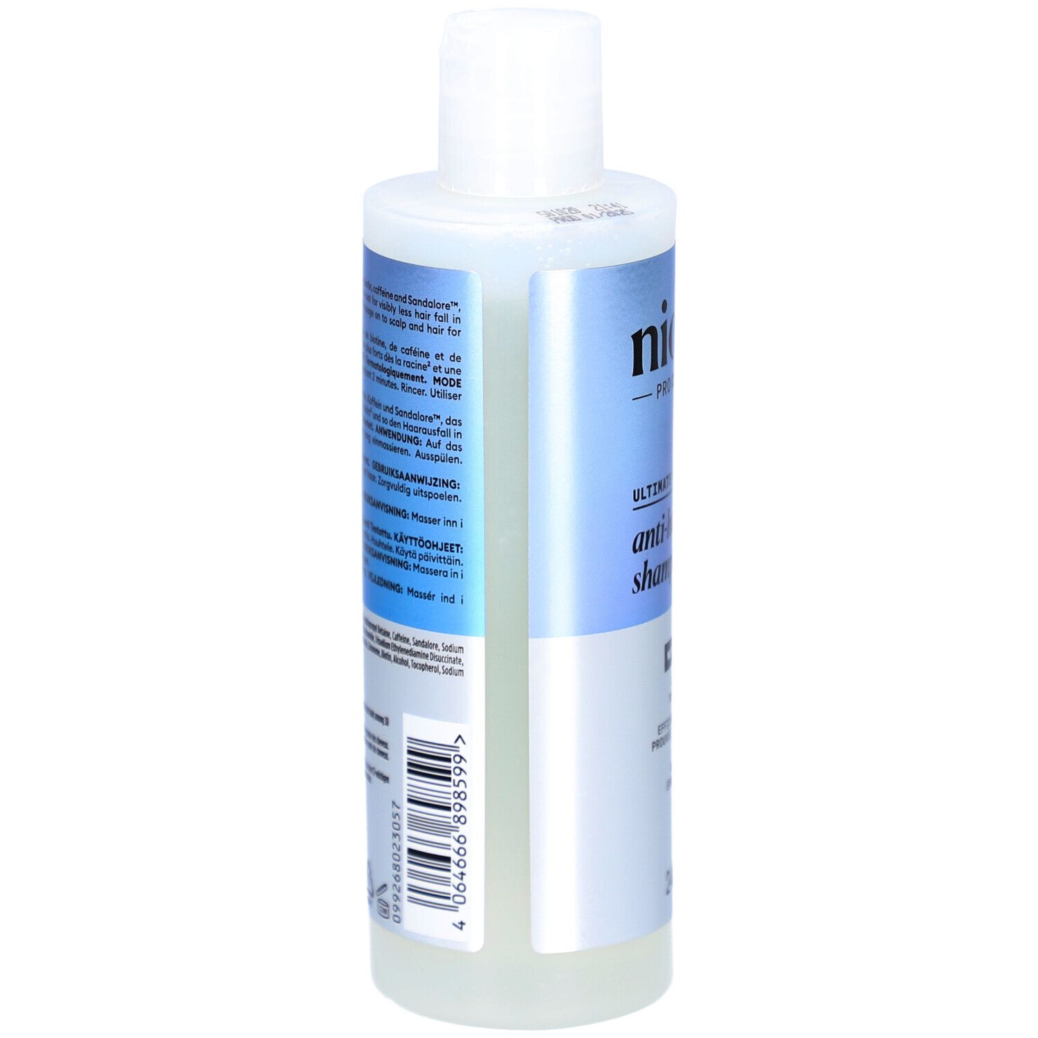 Rückseite der Nioxin Shampoo-Flasche. Weiße Flasche mit Text und Barcode. Enthält Informationen zum Produkt.